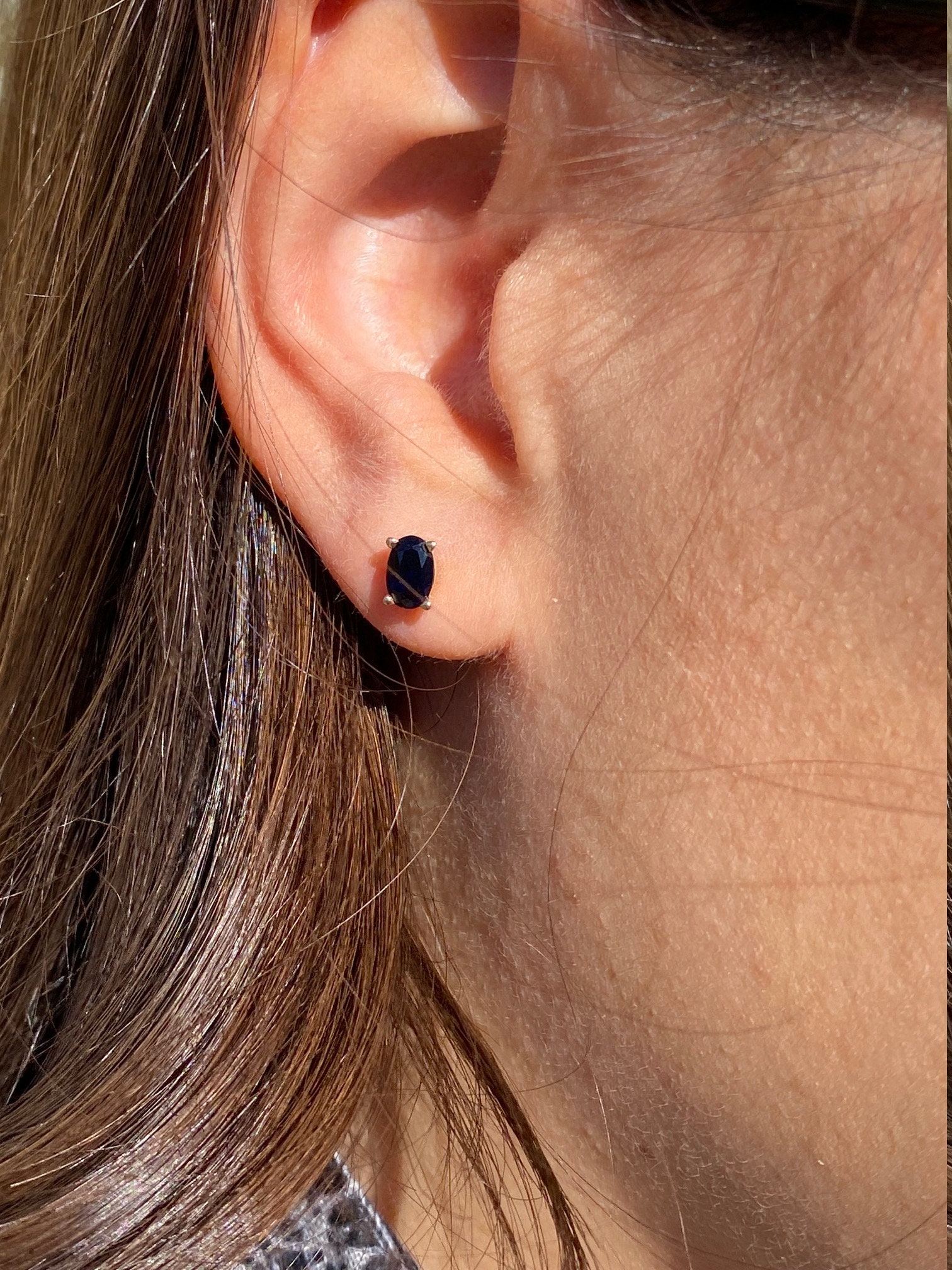 SOLD - The Kingsbury: Yellow Gold Diffused Sapphire Studs - Image 4