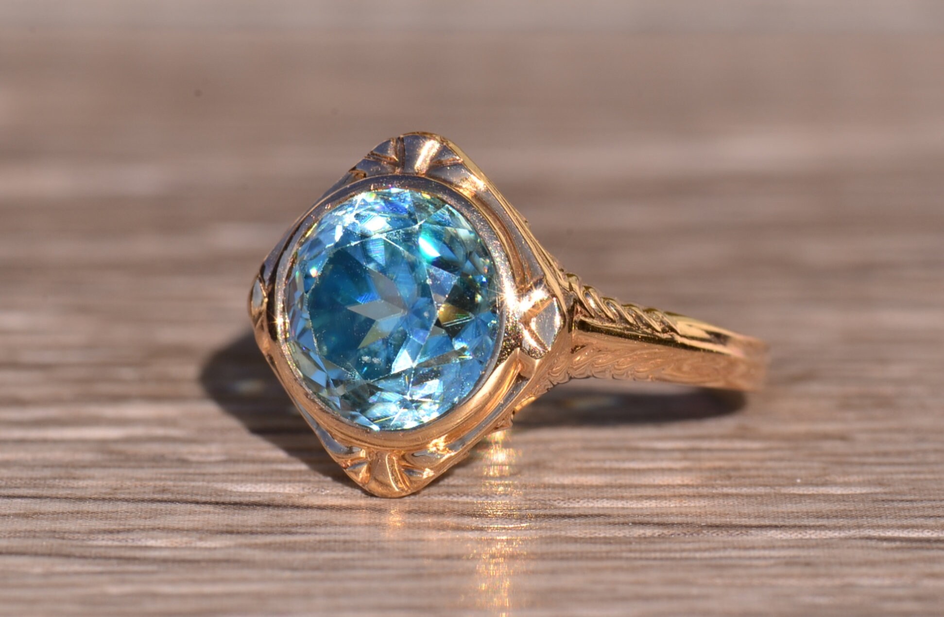 SOLD - The Pacific Beach: Antique Filigree Engagement Ring set with Natural Blue Zircon - Image 3