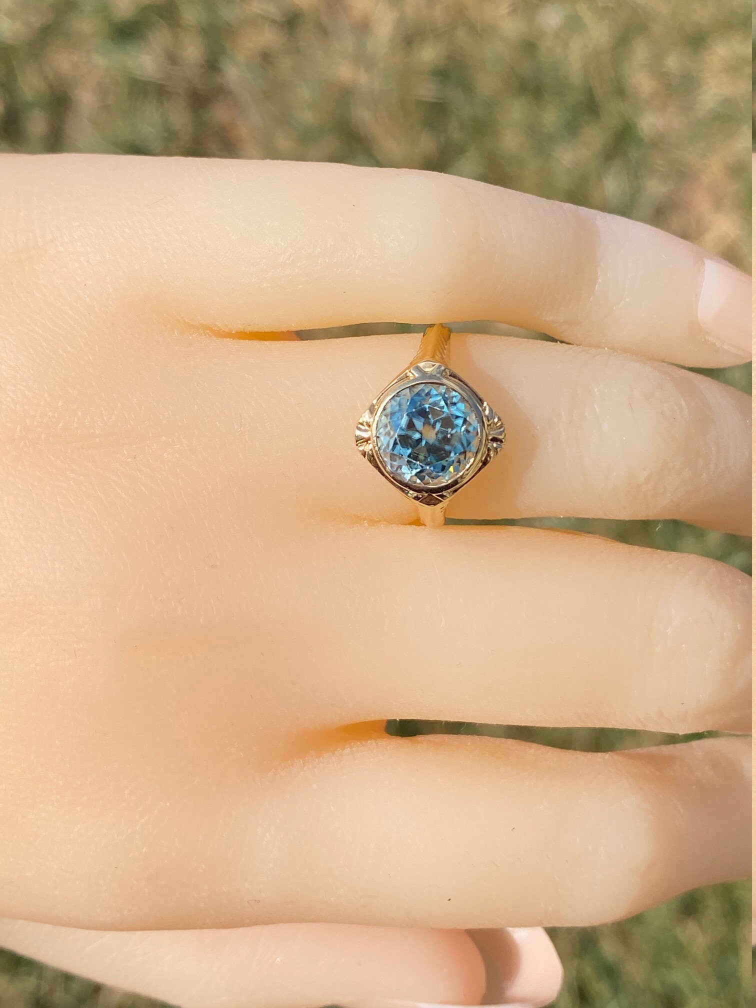 SOLD - The Pacific Beach: Antique Filigree Engagement Ring set with Natural Blue Zircon - Image 10