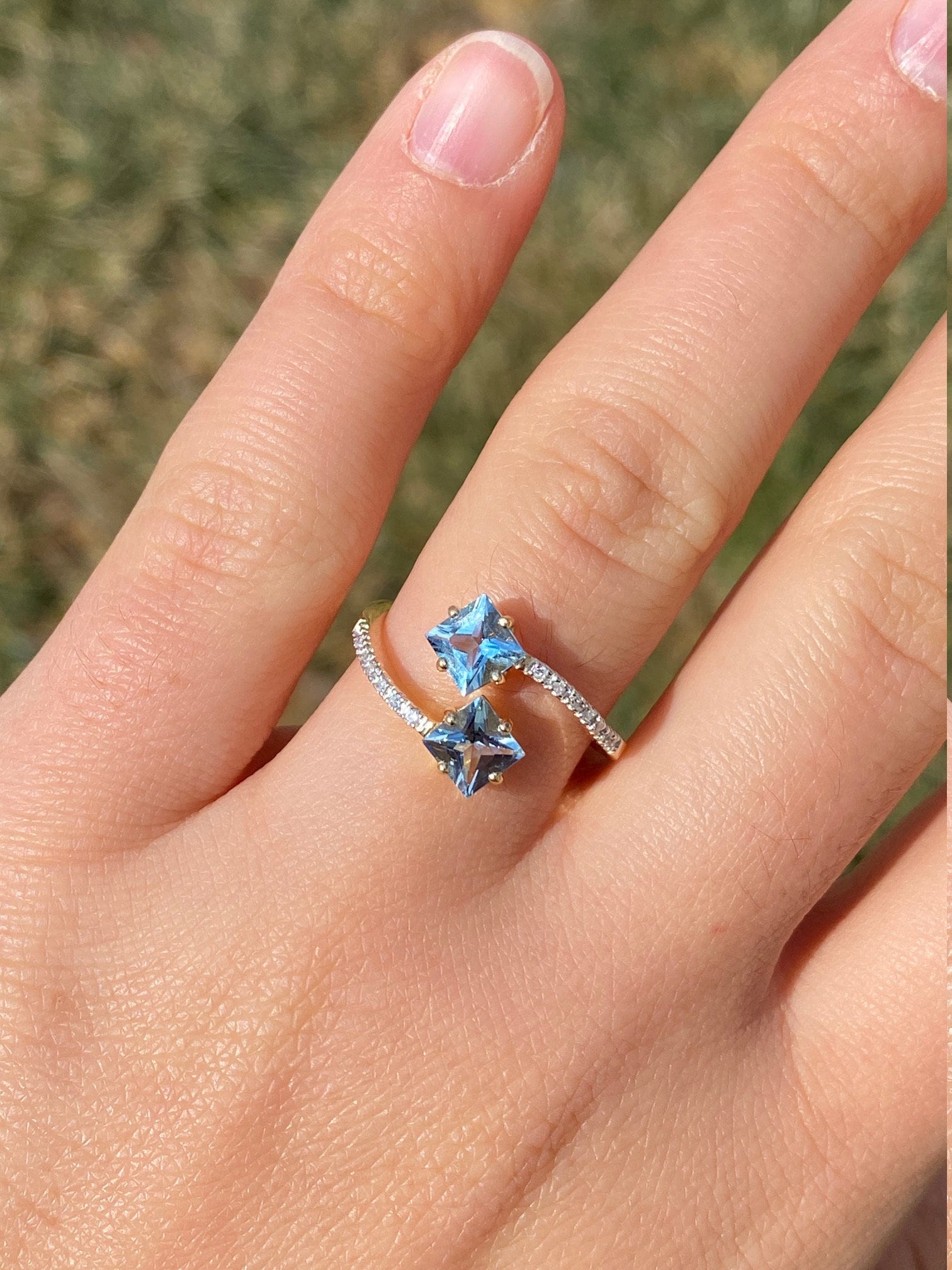 The Eastlake Greens: Contemporary Two Stone Ring with Aquamarine and Diamonds - Image 8