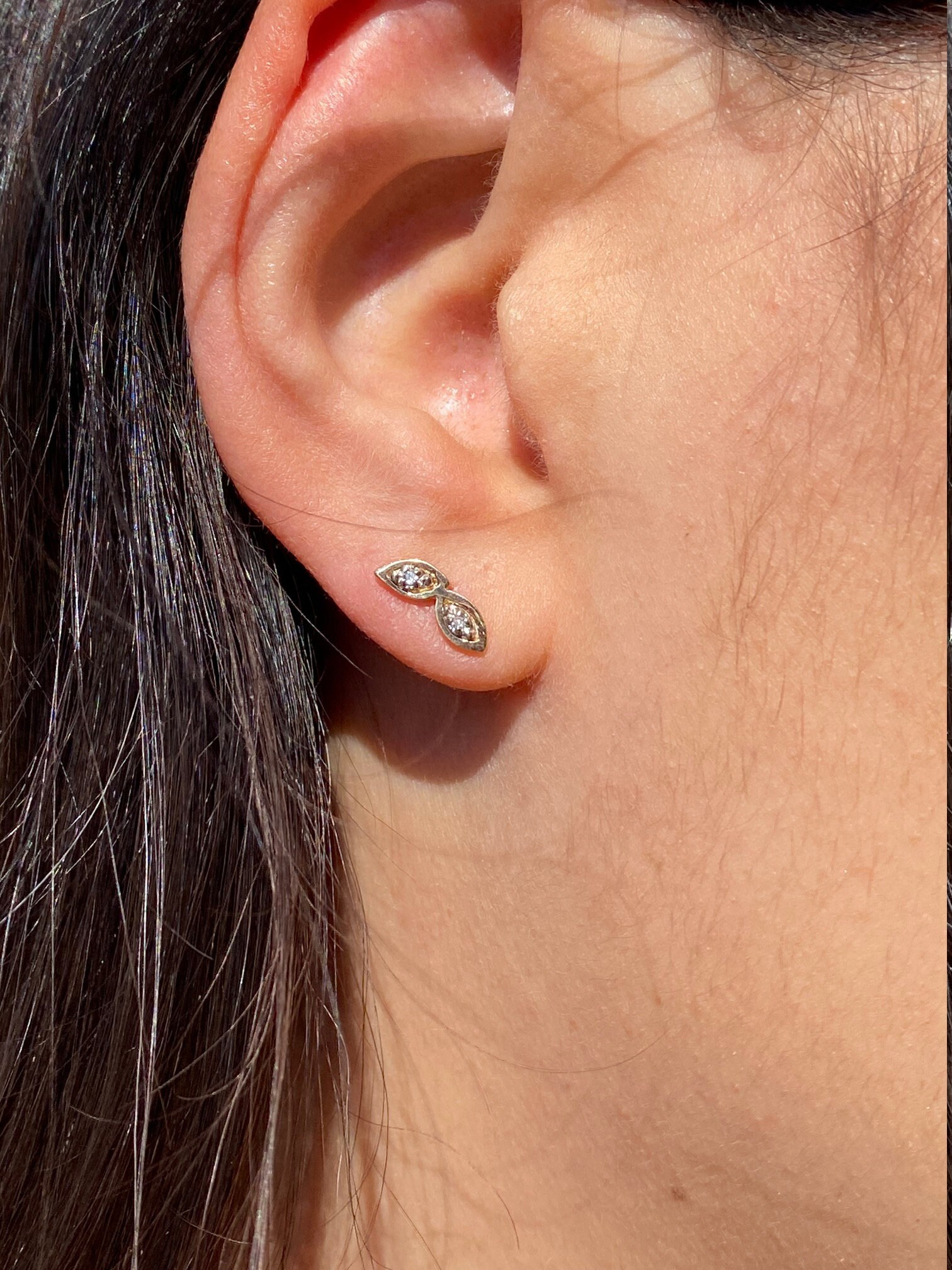 SOLD - The San Marcos: Yellow Gold Two Stone Navette Earrings with Diamonds - Image 4