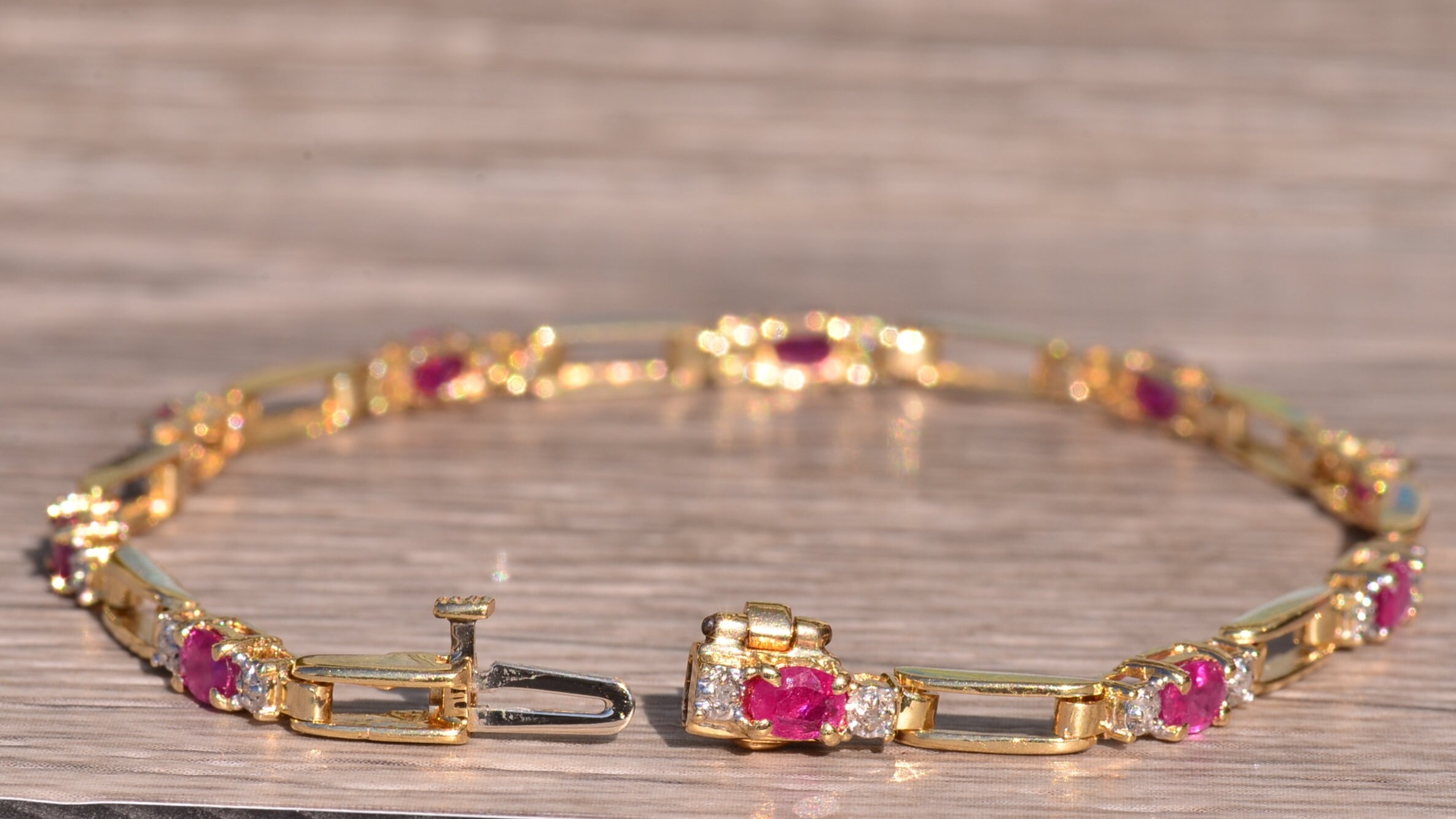 The Oceanside: Yellow Gold Ruby and Diamond Tennis Bracelet - Image 4