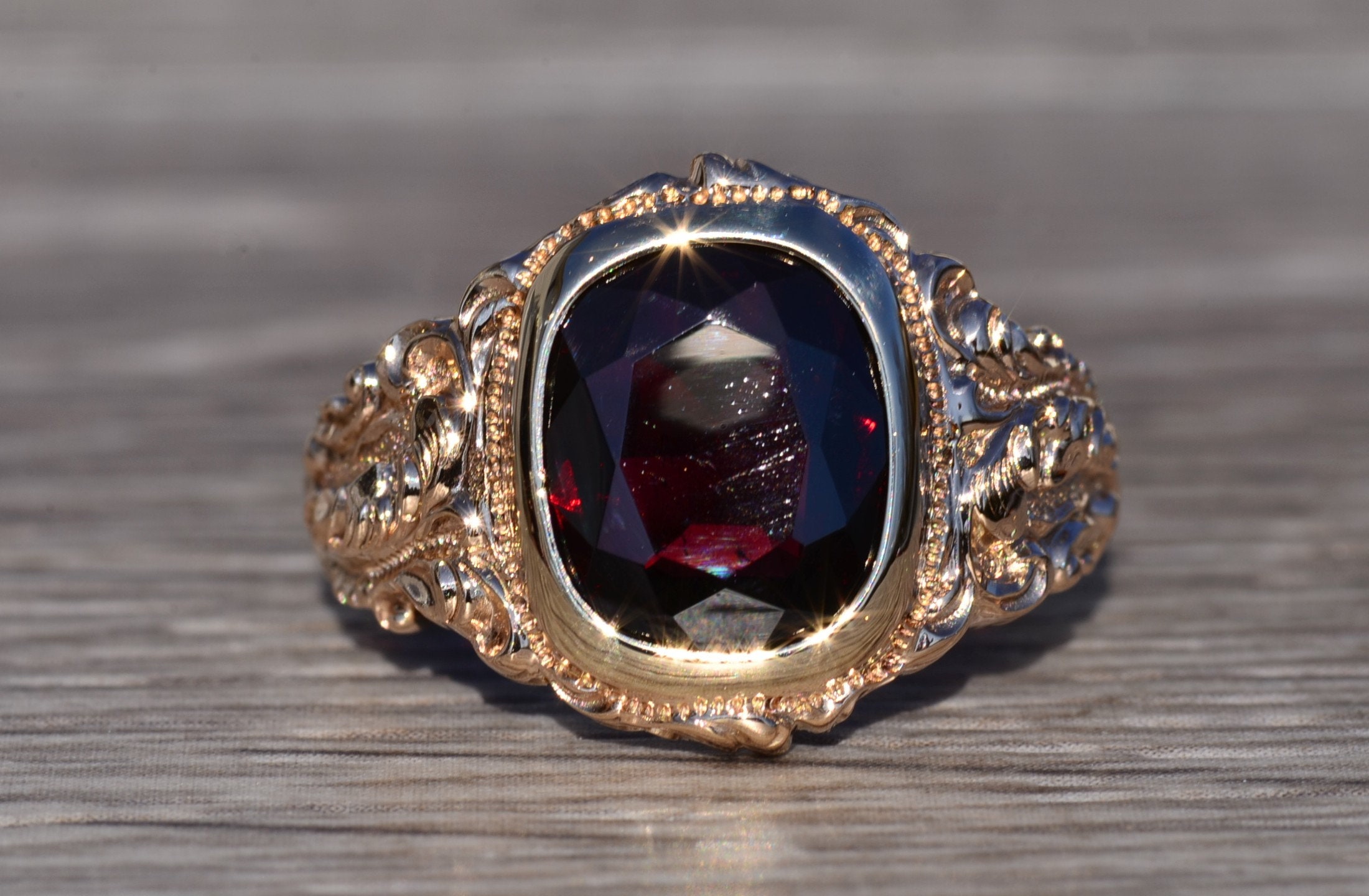 SOLD - The Oxnard: Baroque and Rococo Era Rose Gold Ring with Garnet - Image 7