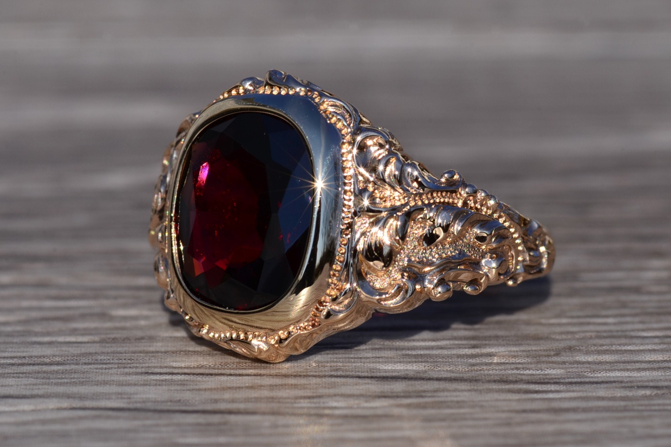 SOLD - The Oxnard: Baroque and Rococo Era Rose Gold Ring with Garnet - Image 3