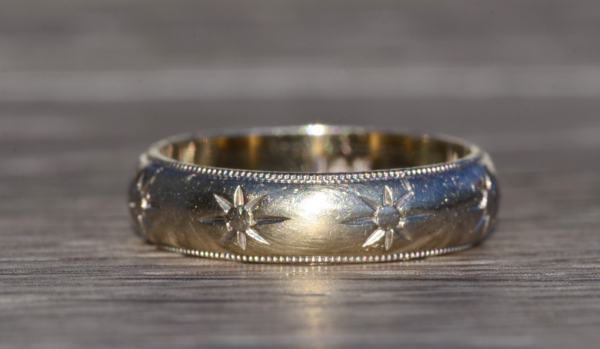 SOLD - The Los Osos: Antique White Gold Hand Engraved Band with Milgrain - Image 3