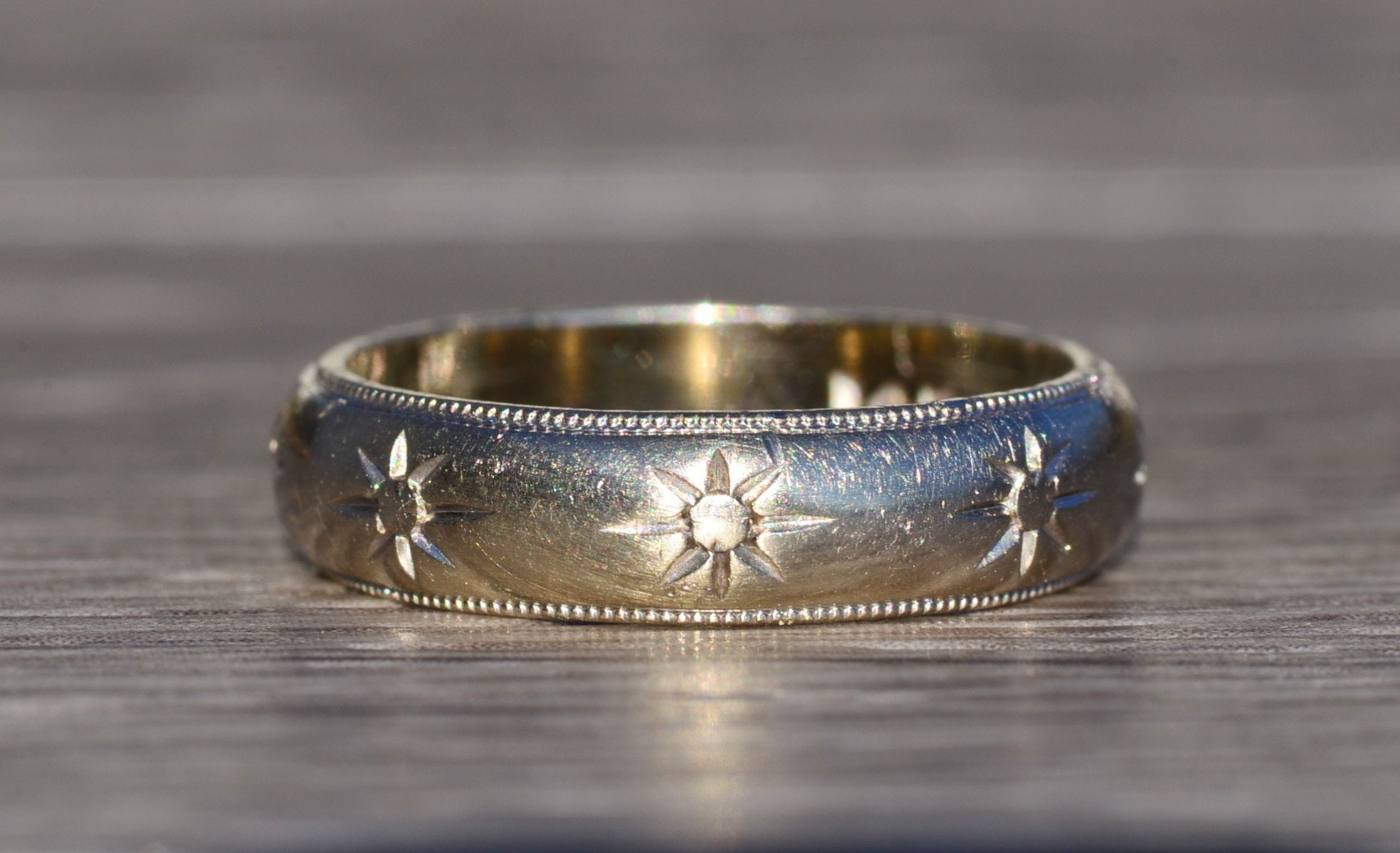 SOLD - The Los Osos: Antique White Gold Hand Engraved Band with Milgrain - Image 4