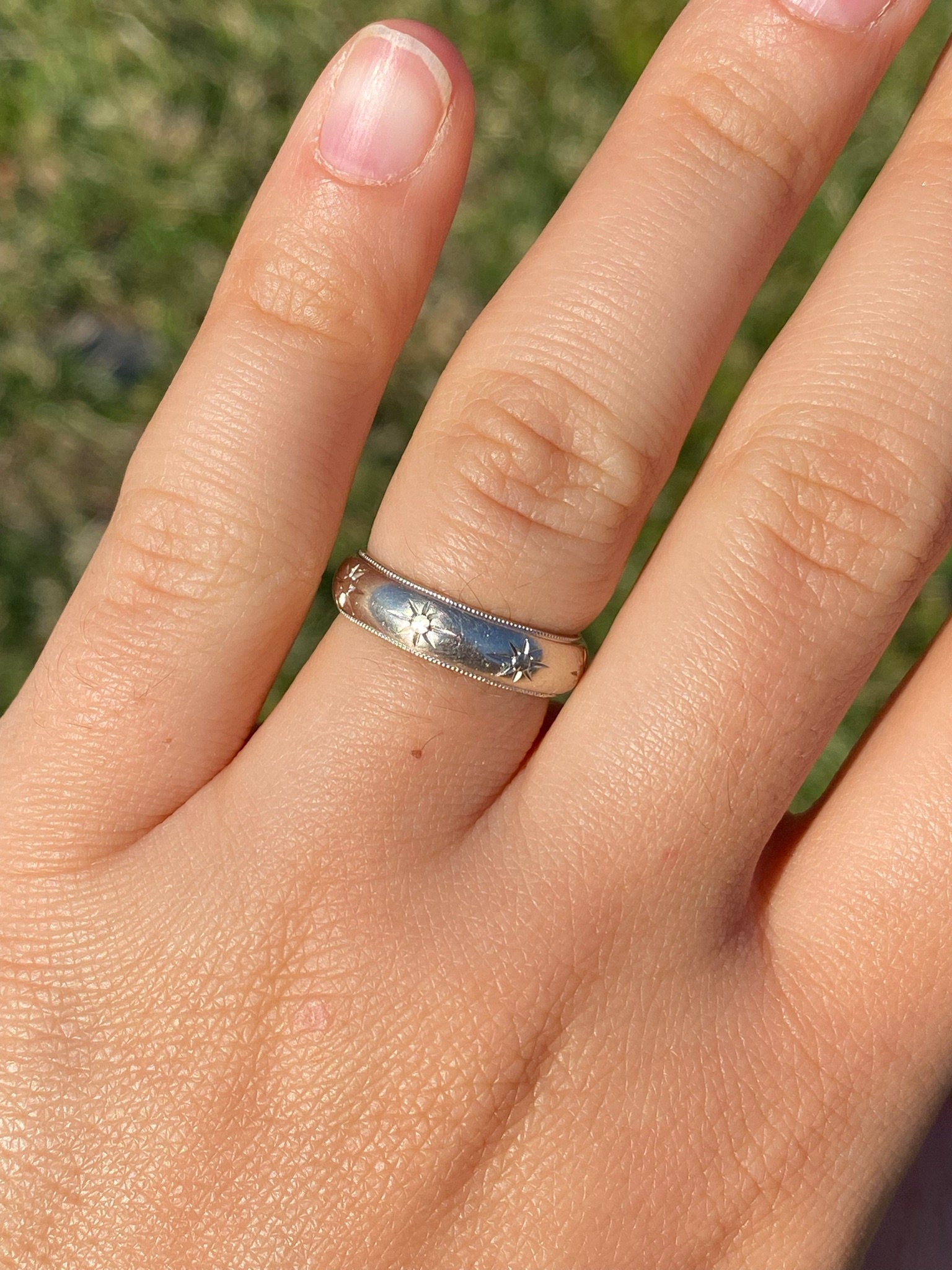 SOLD - The Los Osos: Antique White Gold Hand Engraved Band with Milgrain - Image 5
