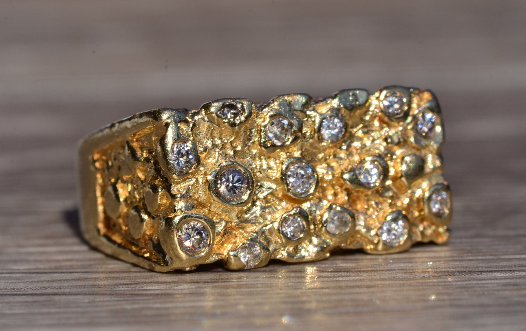 SOLD - The Cayucos: Vintage Yellow Gold Nugget Style Ring with Diamonds - Image 3