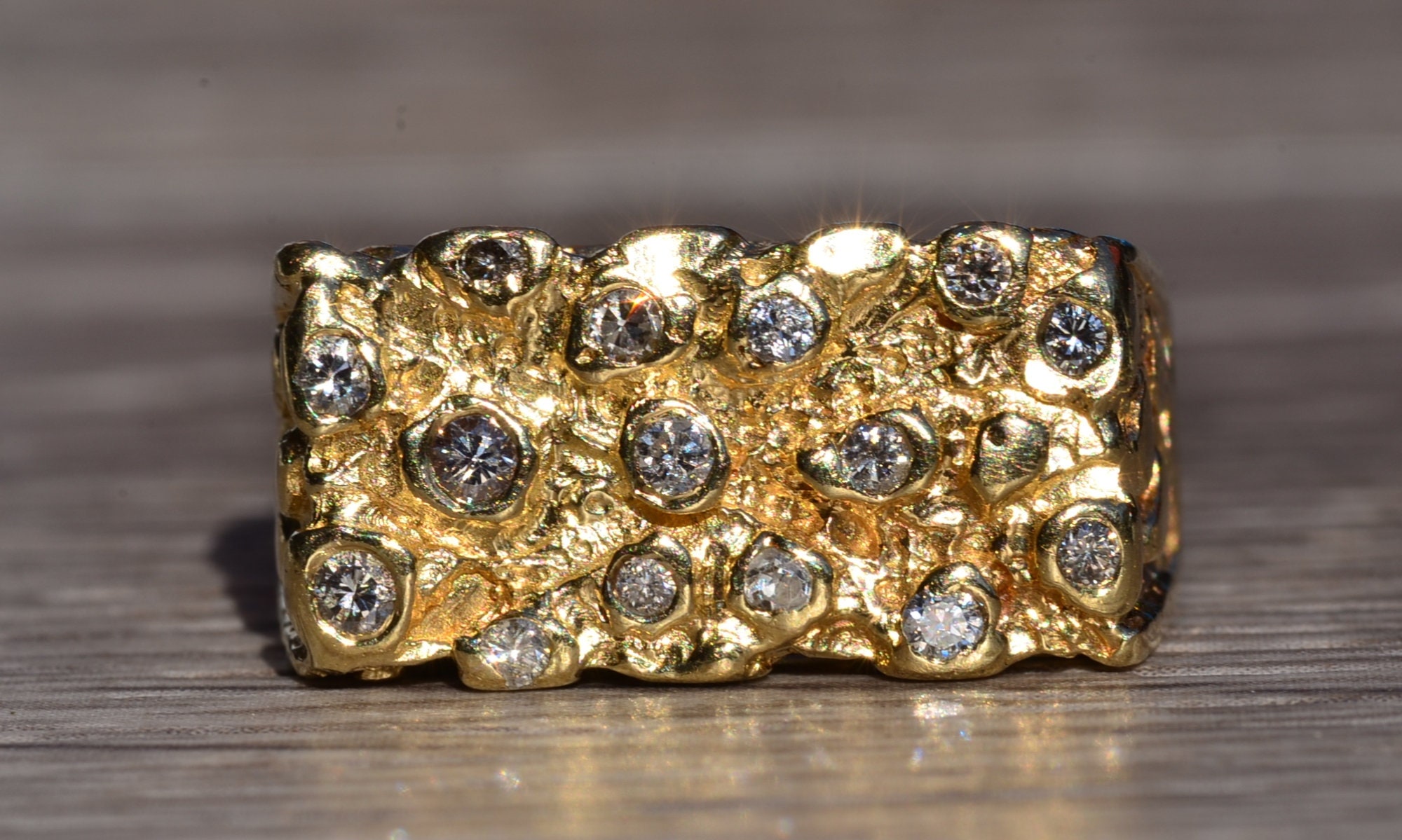 SOLD - The Cayucos: Vintage Yellow Gold Nugget Style Ring with Diamonds - Image 2