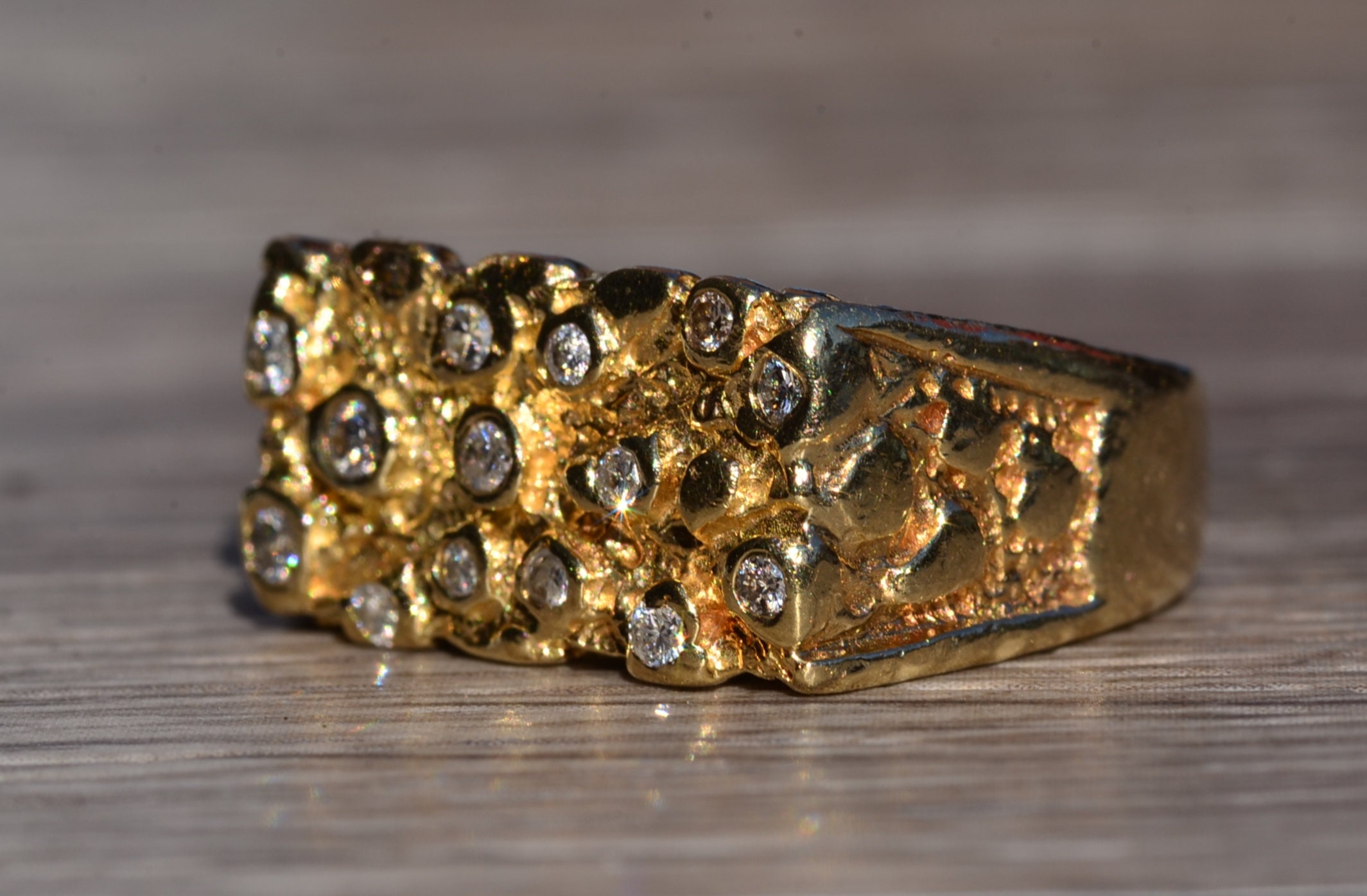 SOLD - The Cayucos: Vintage Yellow Gold Nugget Style Ring with Diamonds - Image 6