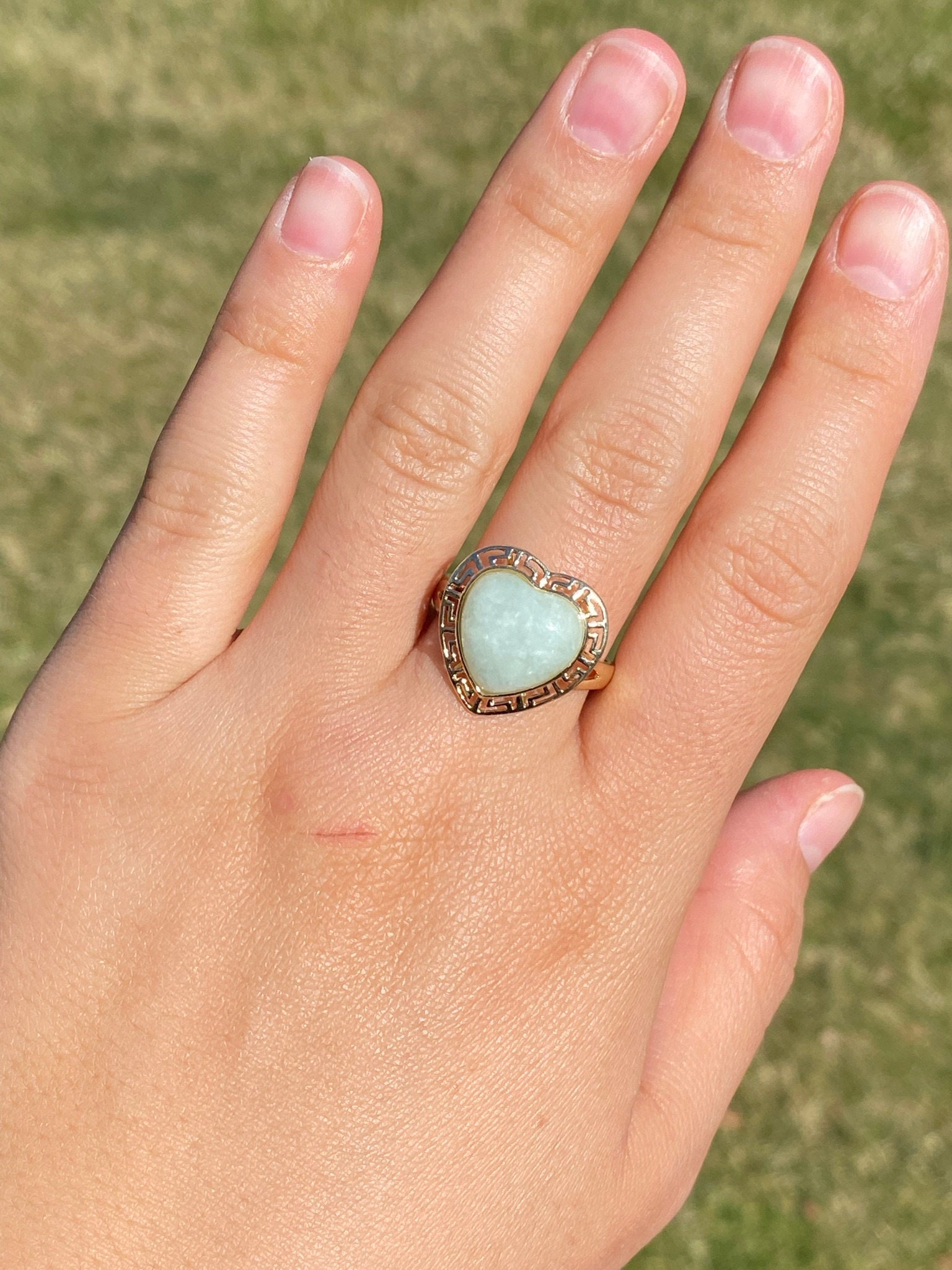 SOLD - The Gorda: Heart Shaped Cabochon Jade Ring in Yellow Gold - Image 8