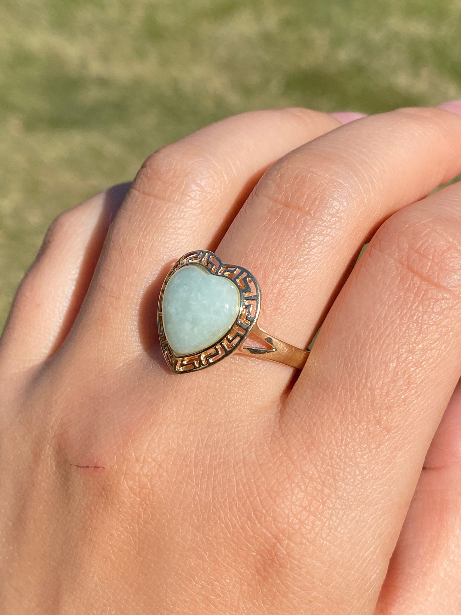 SOLD - The Gorda: Heart Shaped Cabochon Jade Ring in Yellow Gold - Image 9