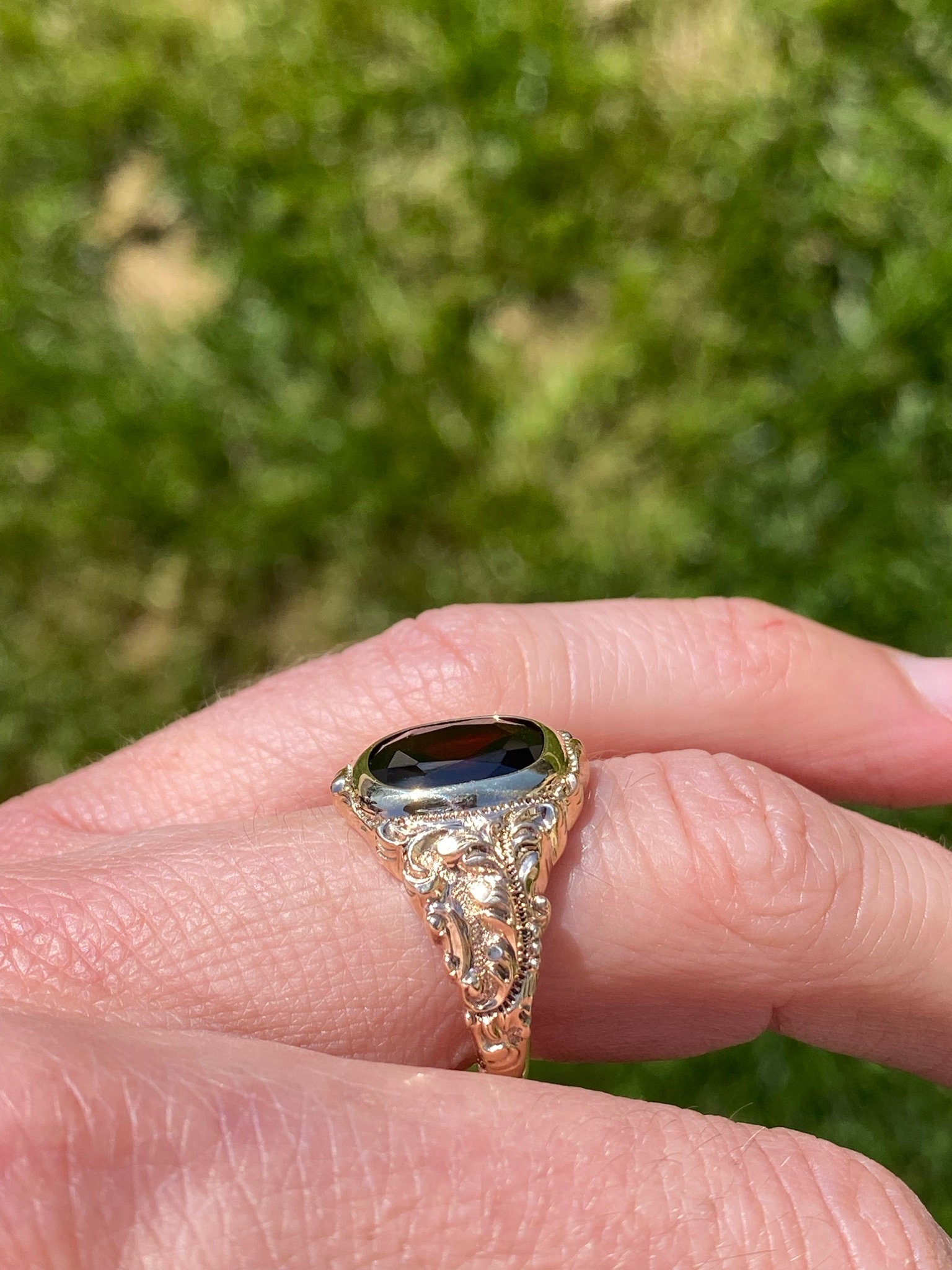SOLD - The Oxnard: Baroque and Rococo Era Rose Gold Ring with Garnet - Image 9