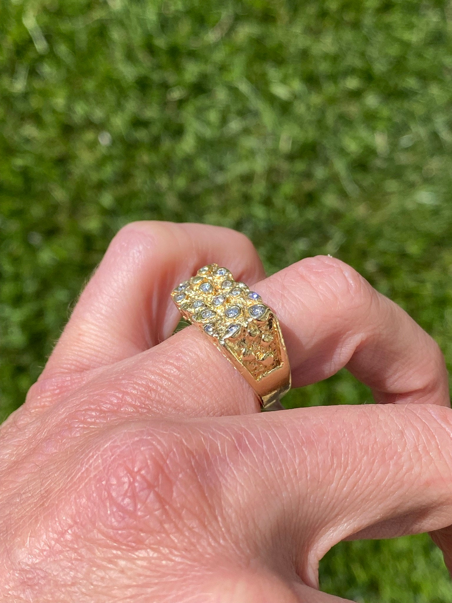 SOLD - The Cayucos: Vintage Yellow Gold Nugget Style Ring with Diamonds - Image 9