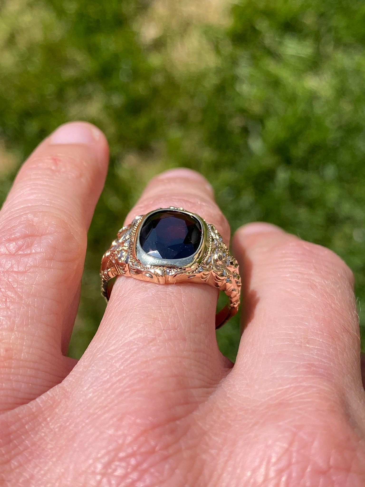 SOLD - The Oxnard: Baroque and Rococo Era Rose Gold Ring with Garnet - Image 10