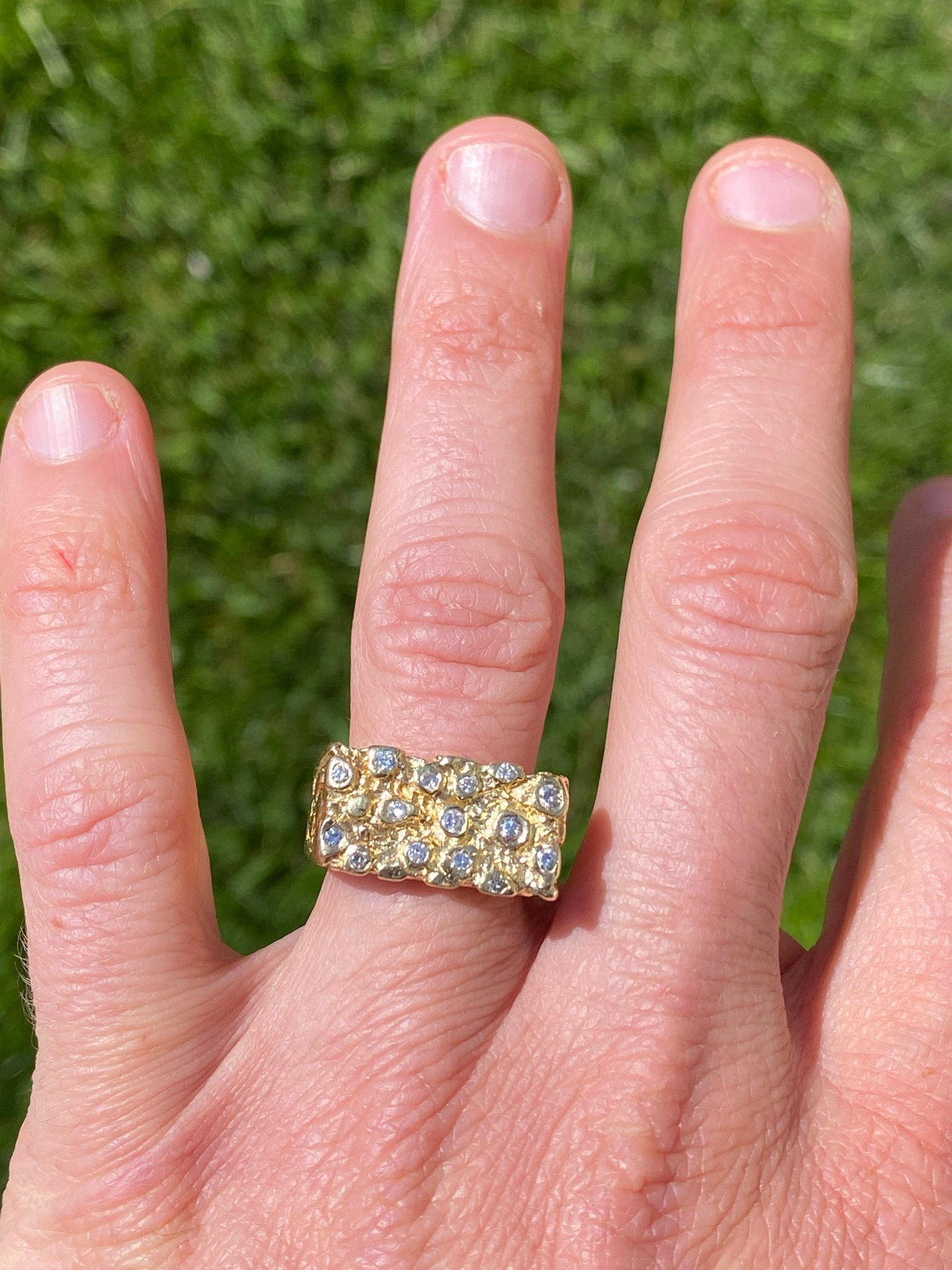 SOLD - The Cayucos: Vintage Yellow Gold Nugget Style Ring with Diamonds - Image 8