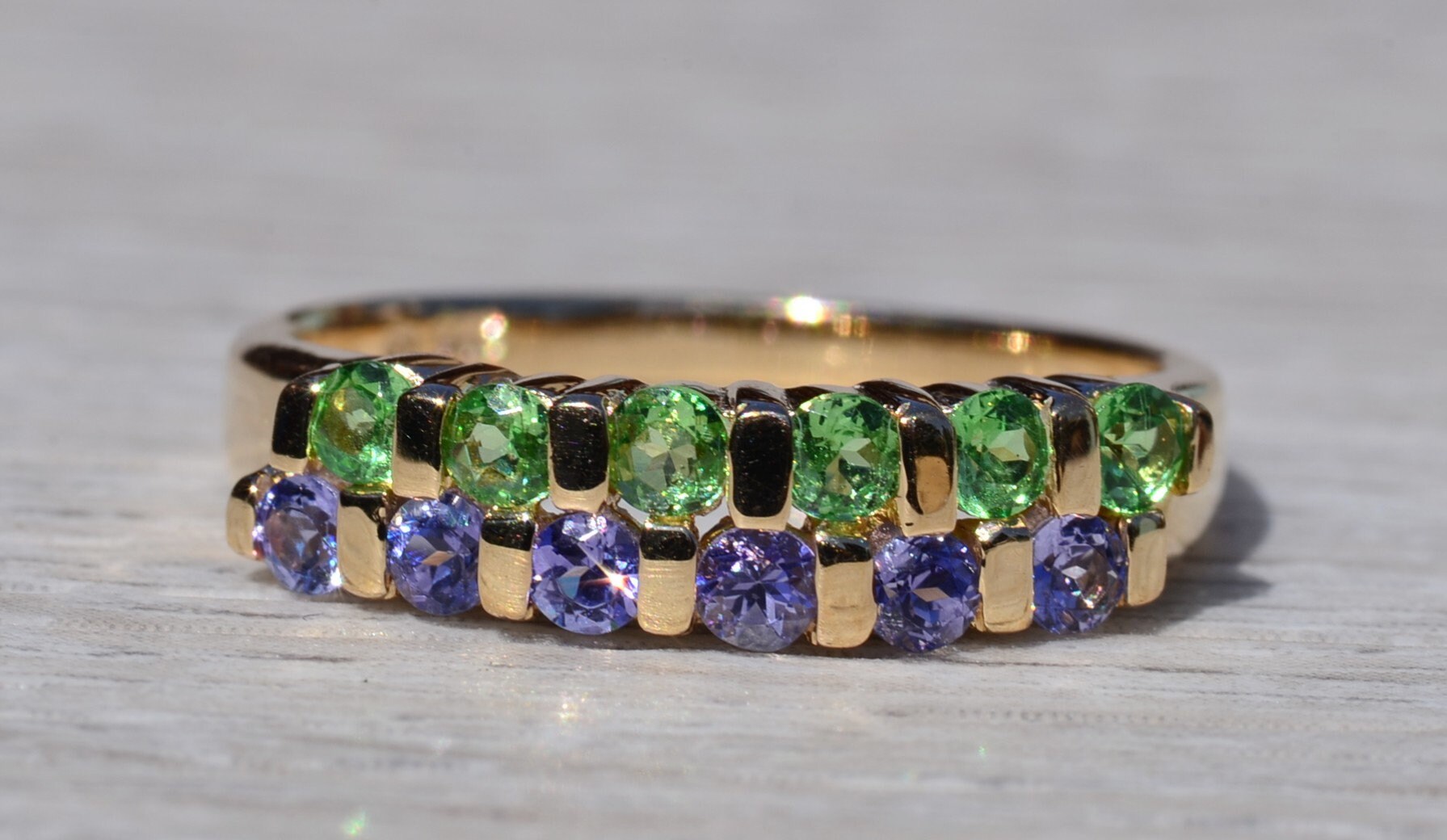 SOLD - The Remedios: Ladies 14K Gold Tsavorite and Tanzanite Band - Image 2