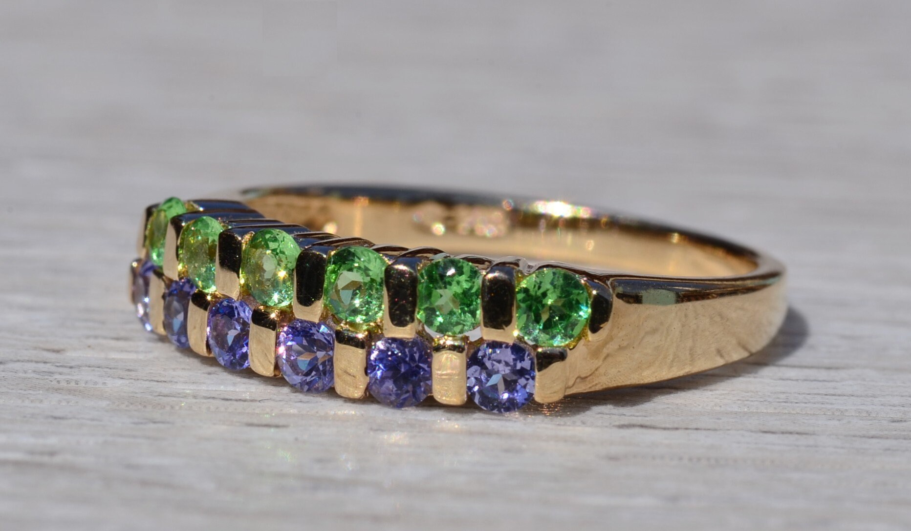 SOLD - The Remedios: Ladies 14K Gold Tsavorite and Tanzanite Band - Image 3