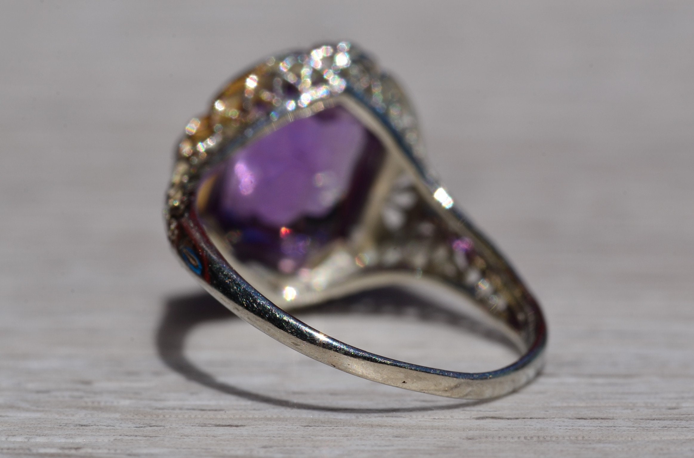 SOLD - The Kenova: Antique Ladies Signed 18K White Gold Ring set with Amethyst - Image 5