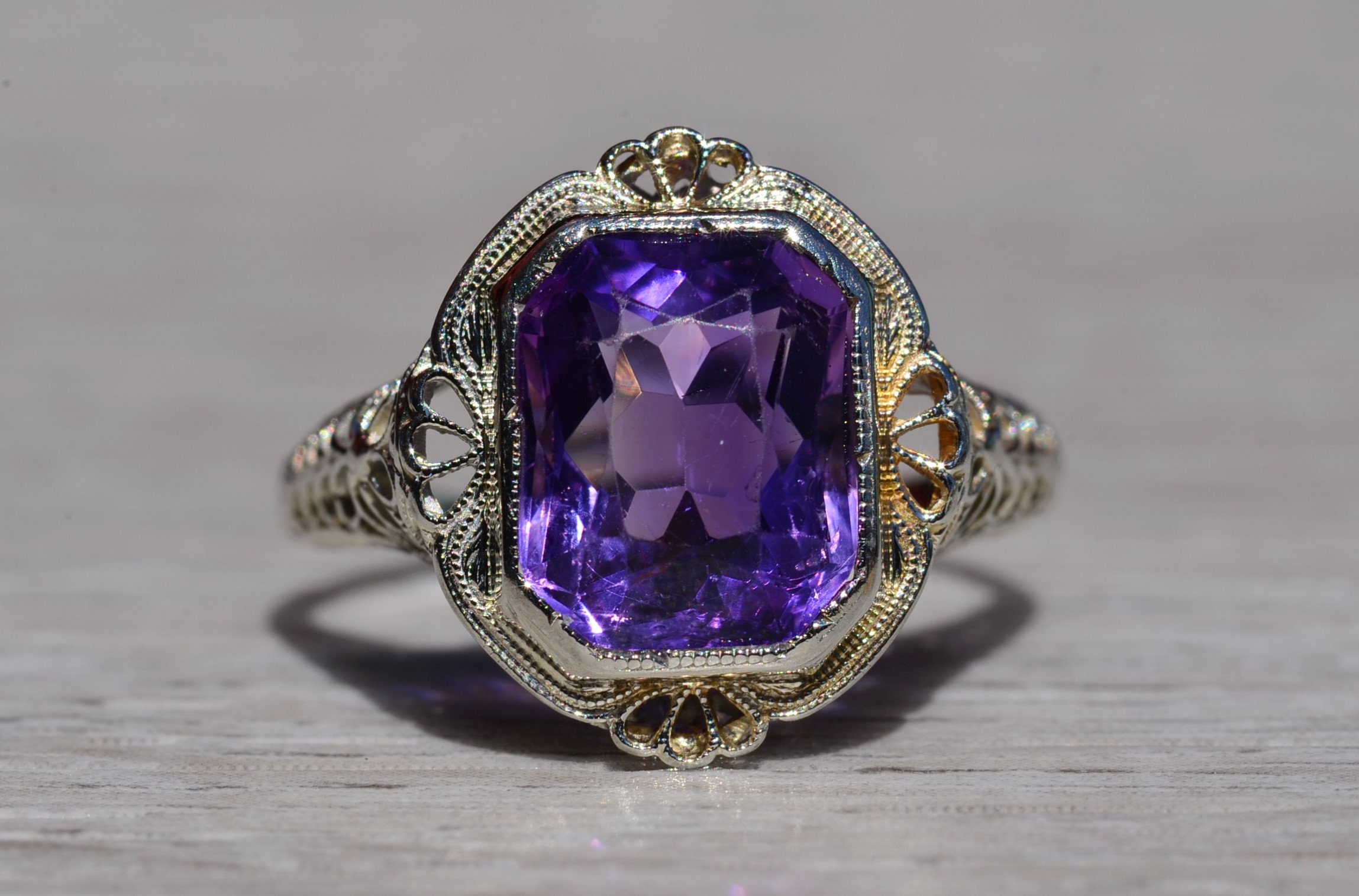 SOLD - The Kenova: Antique Ladies Signed 18K White Gold Ring set with Amethyst - Image 3