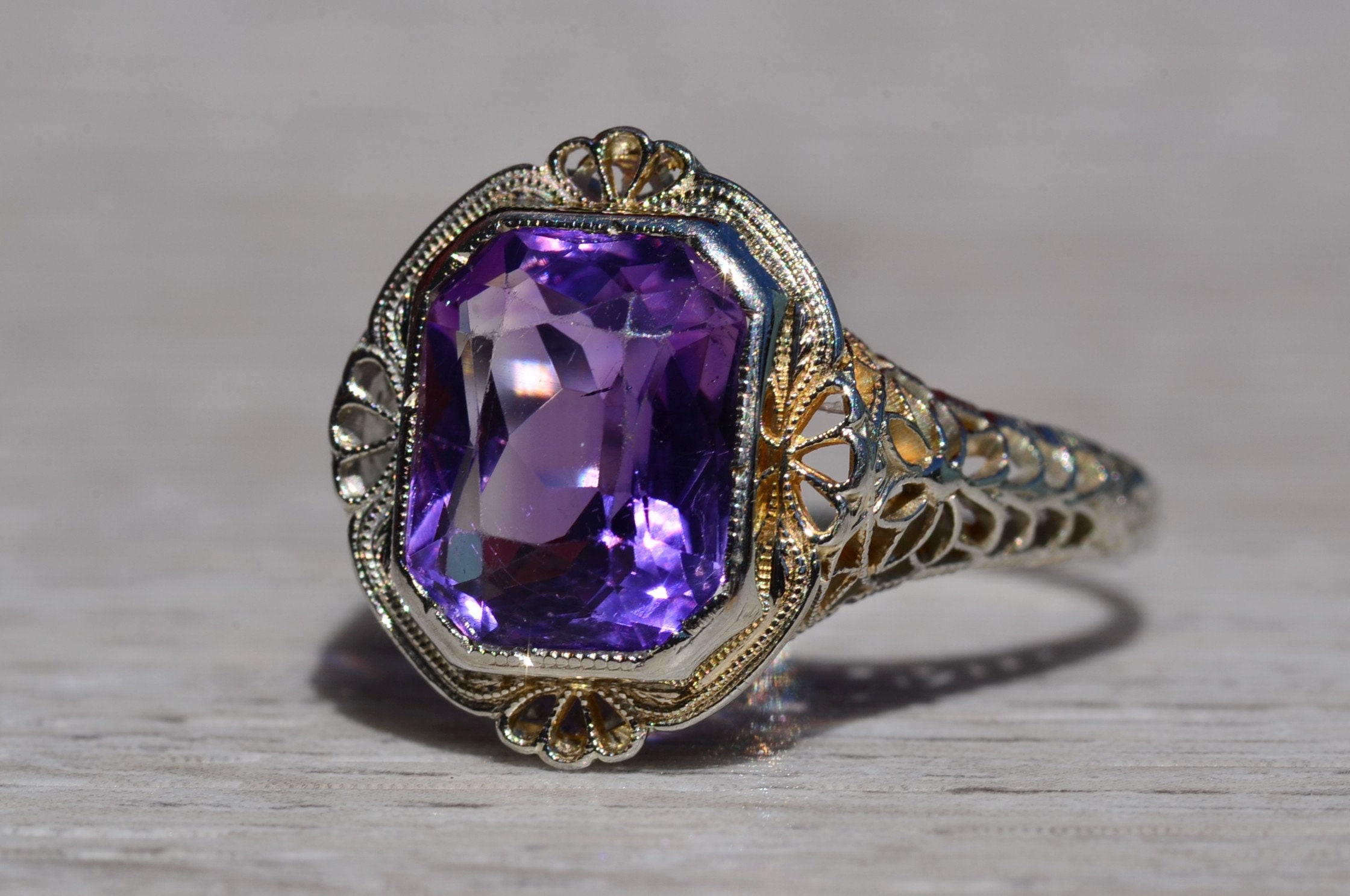 SOLD - The Kenova: Antique Ladies Signed 18K White Gold Ring set with Amethyst - Image 4