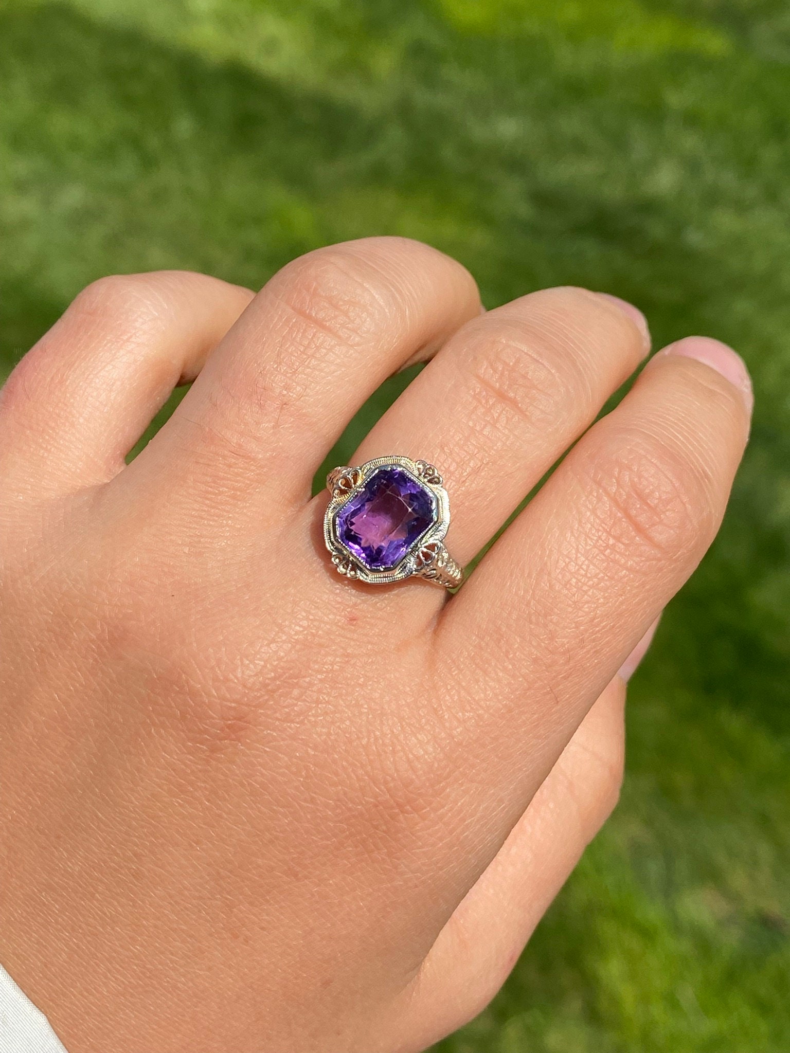 SOLD - The Kenova: Antique Ladies Signed 18K White Gold Ring set with Amethyst - Image 10