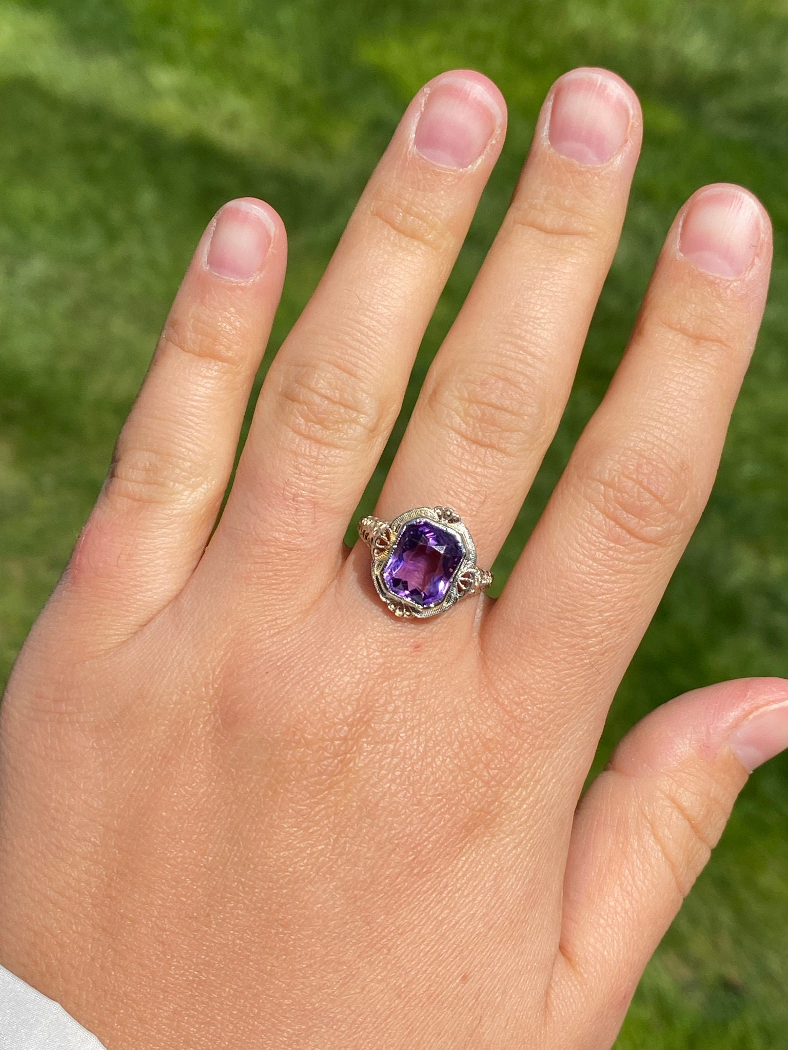 SOLD - The Kenova: Antique Ladies Signed 18K White Gold Ring set with Amethyst - Image 8