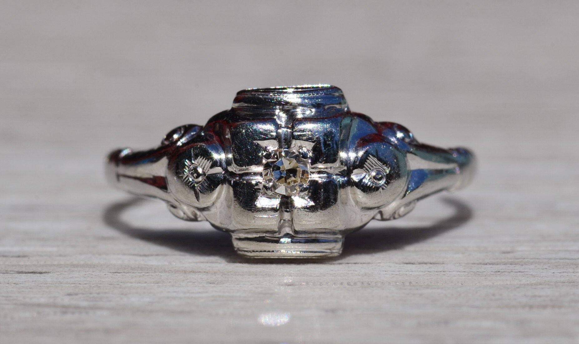 The Dunlow: Antique Ladies 14K White Gold Engagement Ring set with Diamond - Image 2