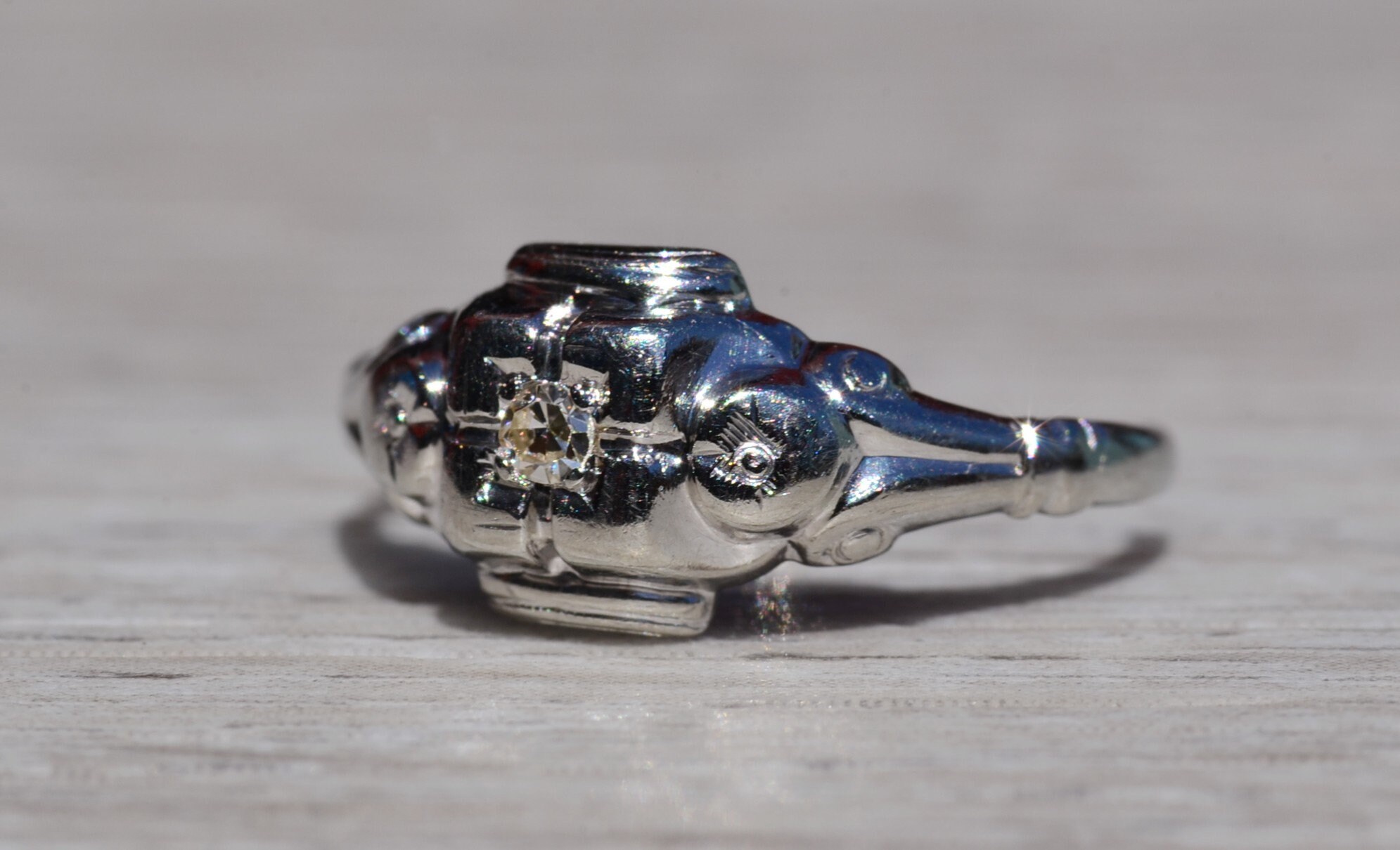 The Dunlow: Antique Ladies 14K White Gold Engagement Ring set with Diamond - Image 3