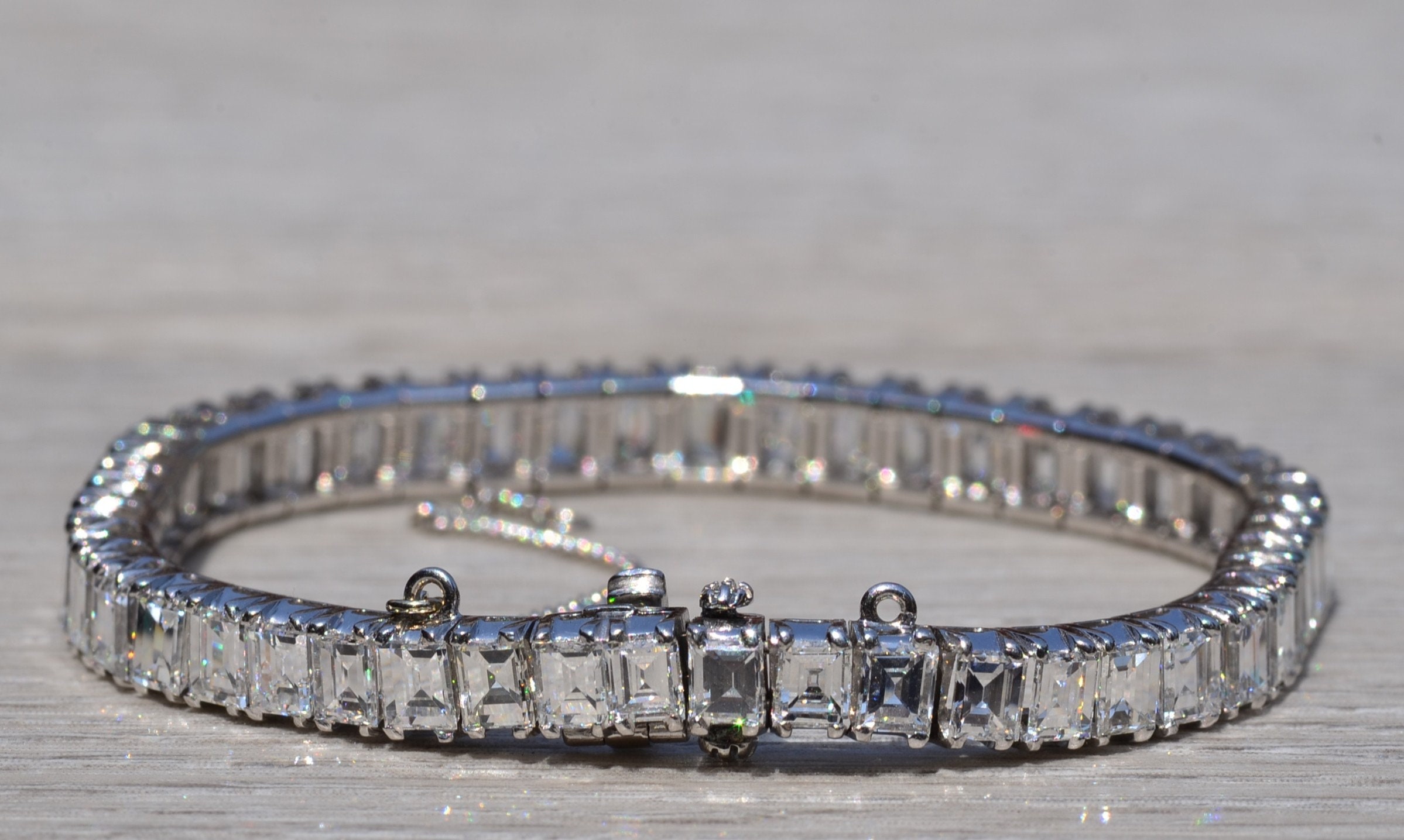 SOLD - The Magnificent: Antique Platinum Tennis Bracelet with Emerald Cut Diamonds - Image 4