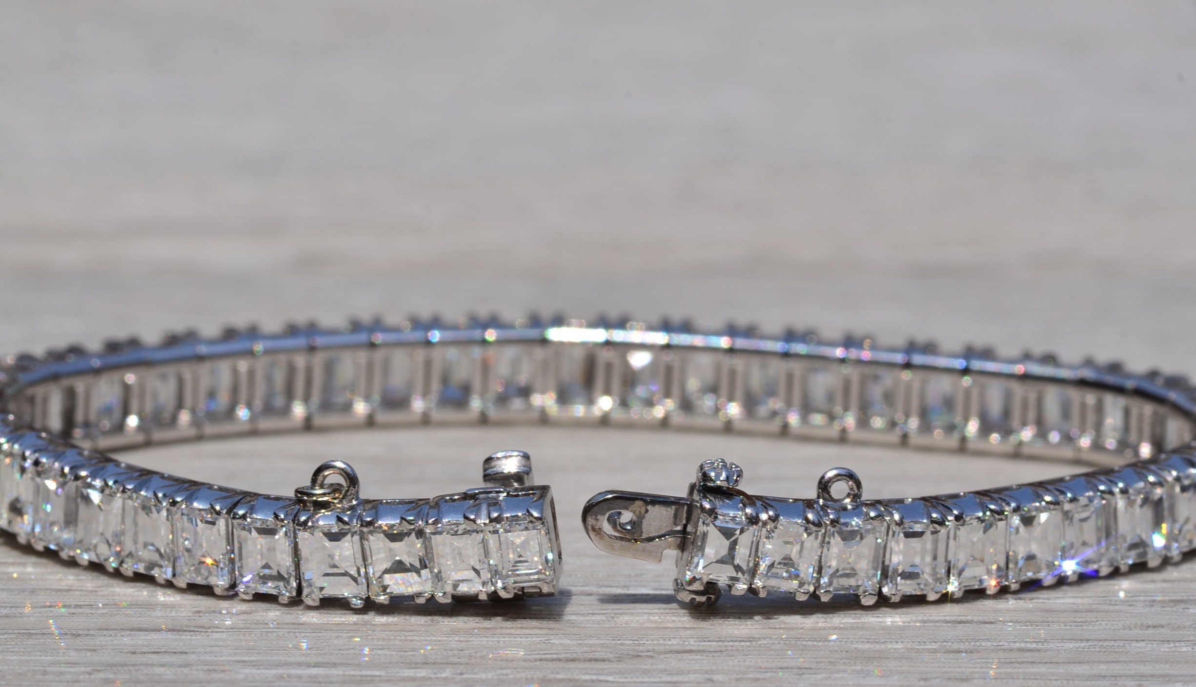 SOLD - The Magnificent: Antique Platinum Tennis Bracelet with Emerald Cut Diamonds - Image 5