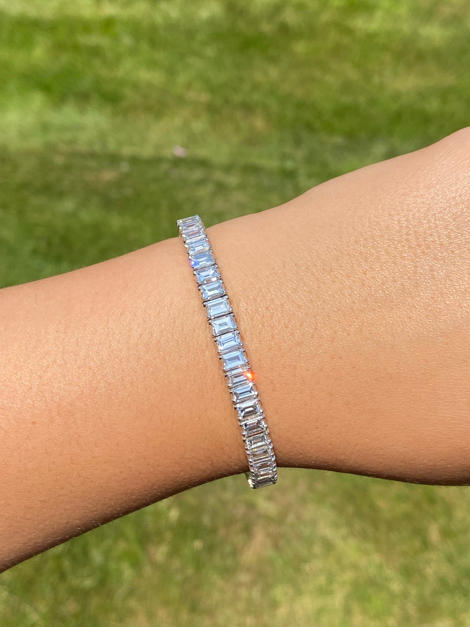 SOLD - The Magnificent: Antique Platinum Tennis Bracelet with Emerald Cut Diamonds - Image 6