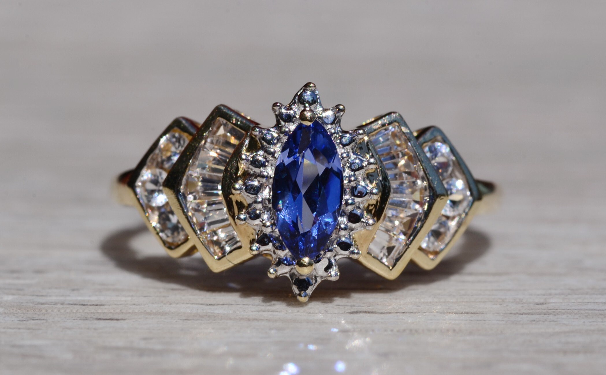 SOLD - The Laddonia: Ladies Yellow Gold Tanzanite and White Topaz Ring - Image 7