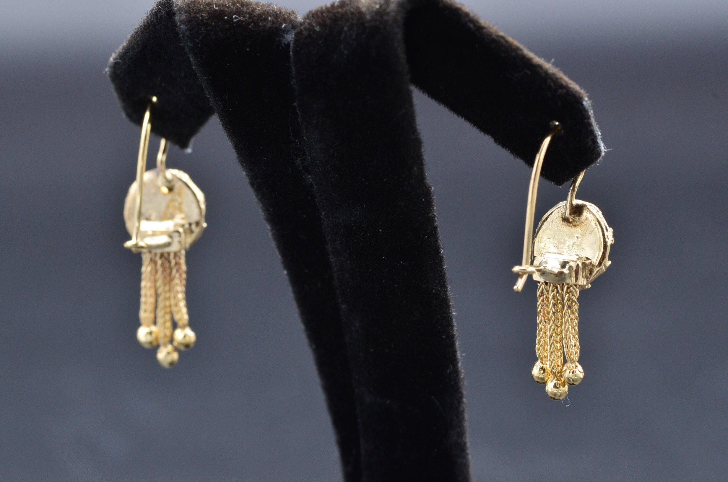 SOLD - The Rocheports: Ladies 14K Gold Enameled Fleur de Lis Tassel Earrings - Image 4