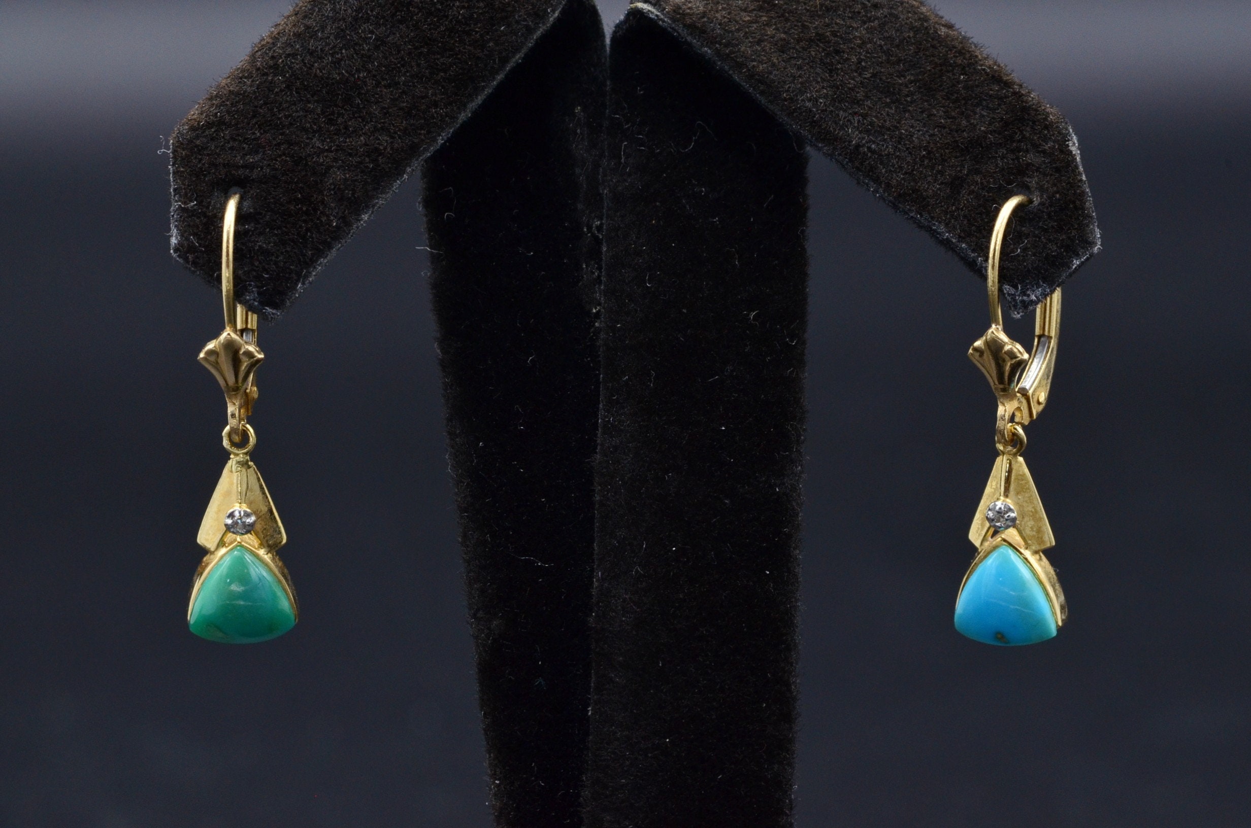 SOLD - The Milligans: Ladies Mexican Made 14K Turquoise and Diamond Dangler Earrings - Image 3