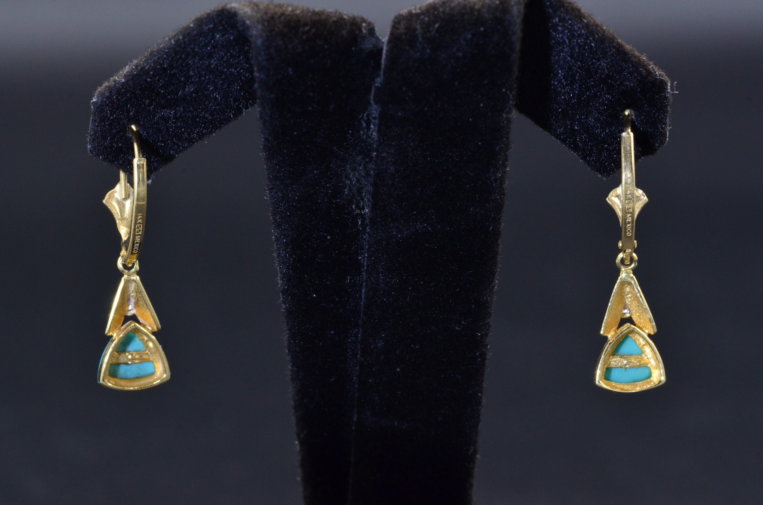 SOLD - The Milligans: Ladies Mexican Made 14K Turquoise and Diamond Dangler Earrings - Image 5