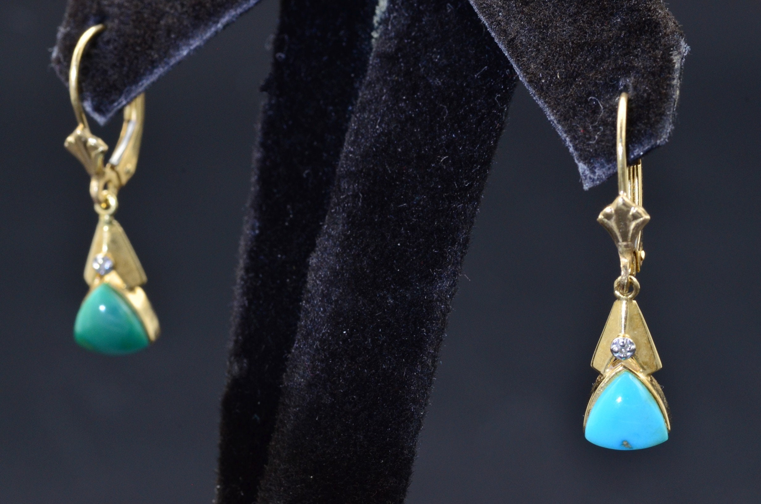 SOLD - The Milligans: Ladies Mexican Made 14K Turquoise and Diamond Dangler Earrings - Image 6