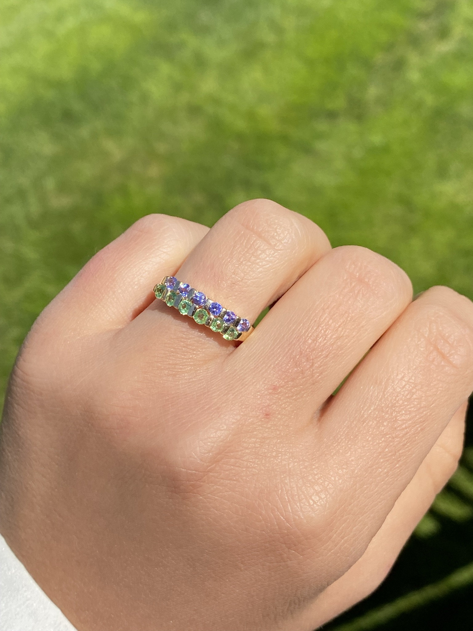 SOLD - The Remedios: Ladies 14K Gold Tsavorite and Tanzanite Band - Image 9