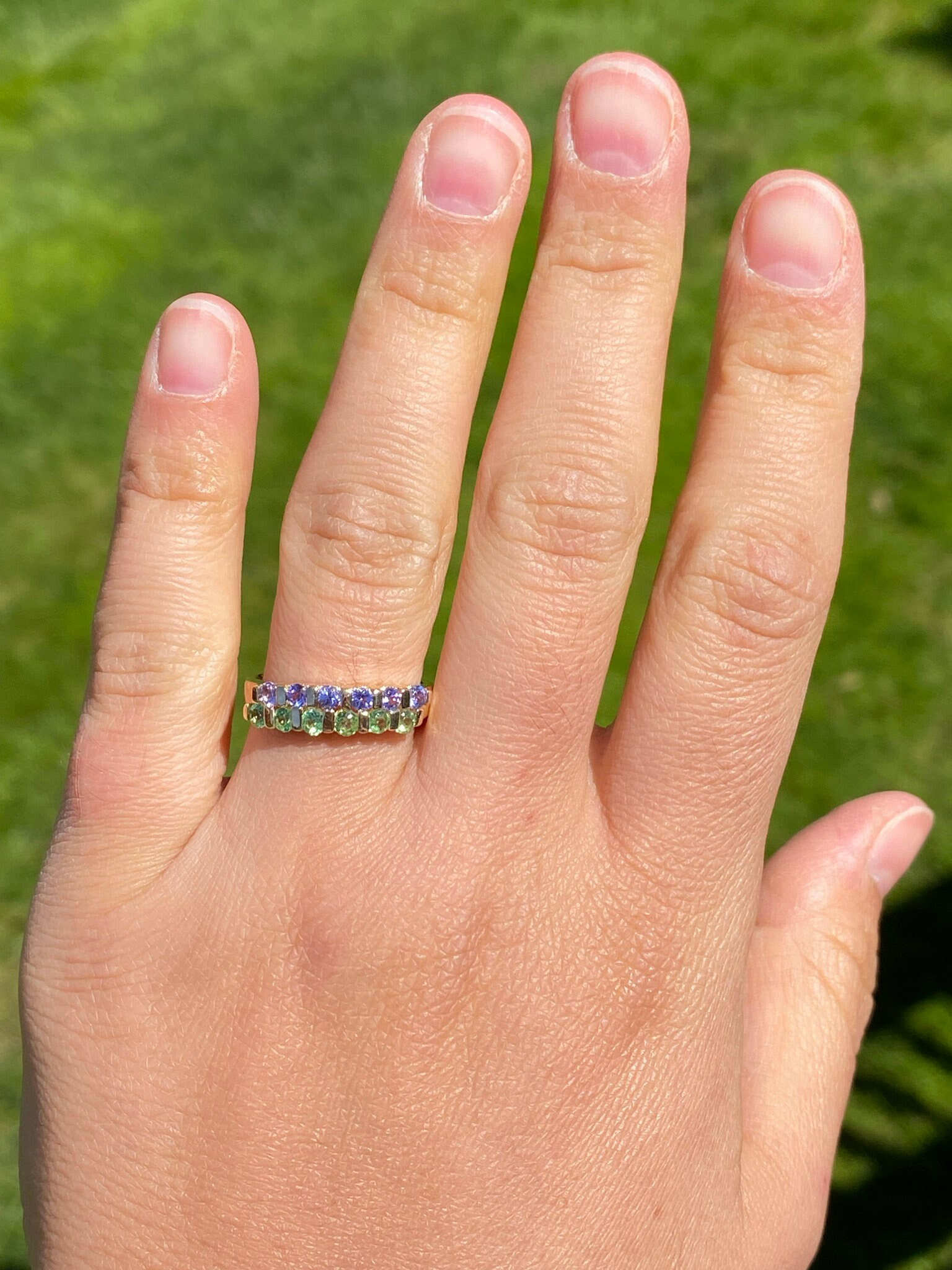 SOLD - The Remedios: Ladies 14K Gold Tsavorite and Tanzanite Band - Image 7