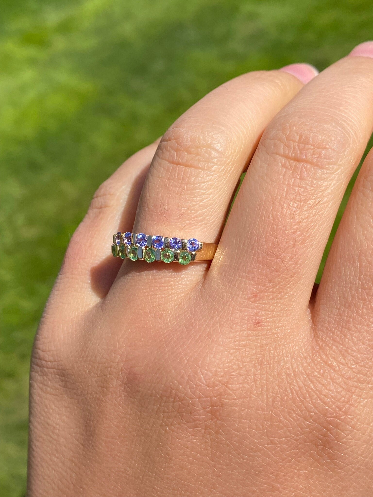 SOLD - The Remedios: Ladies 14K Gold Tsavorite and Tanzanite Band - Image 8