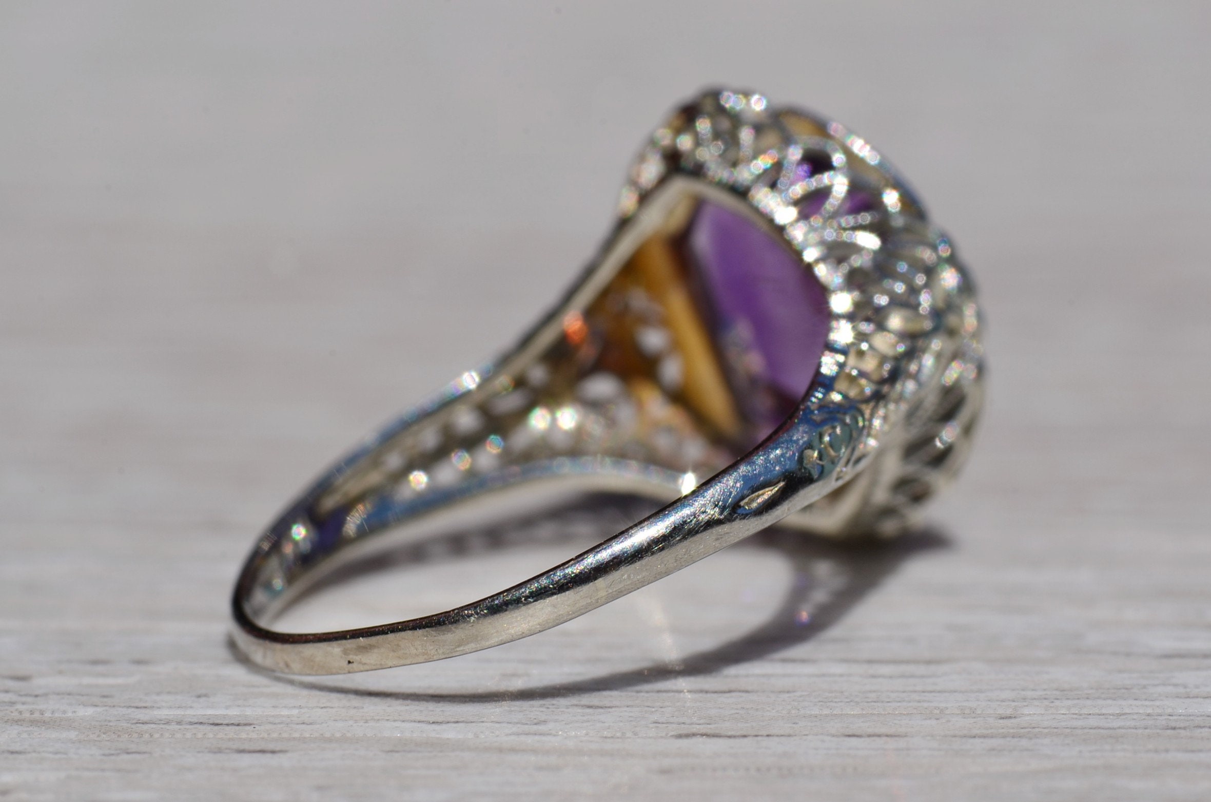 SOLD - The Kenova: Antique Ladies Signed 18K White Gold Ring set with Amethyst - Image 6