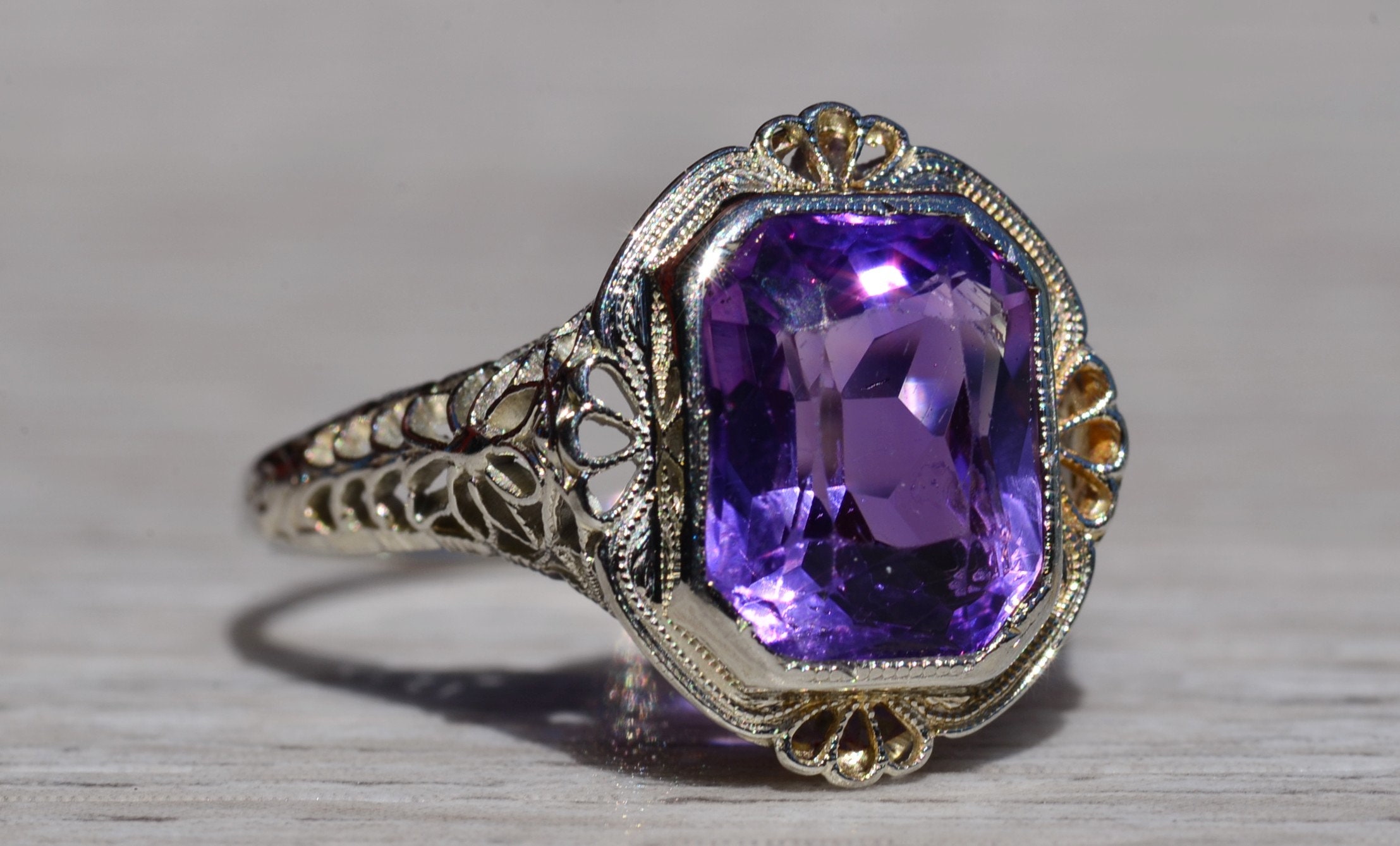 SOLD - The Kenova: Antique Ladies Signed 18K White Gold Ring set with Amethyst - Image 7
