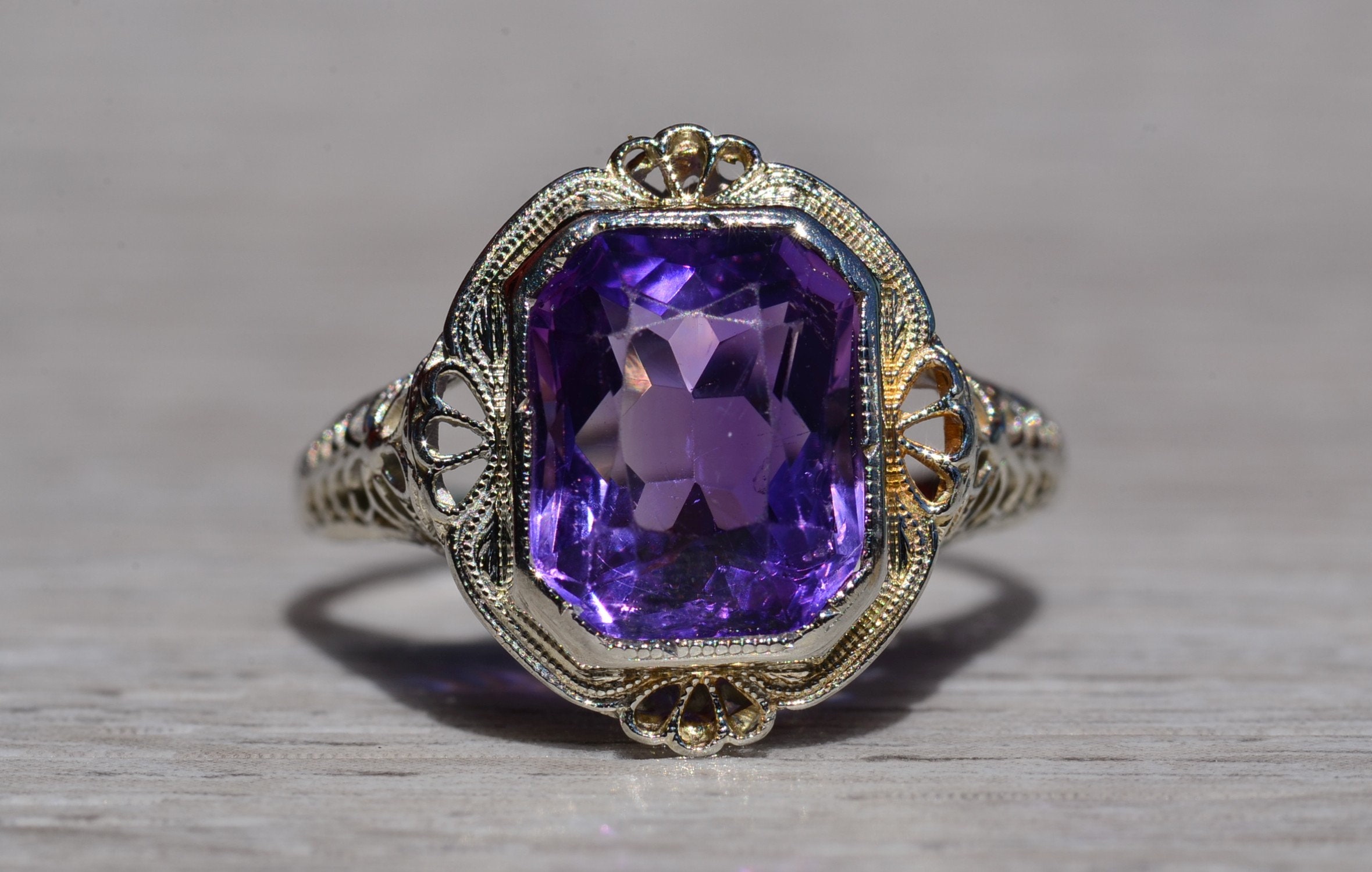 SOLD - The Kenova: Antique Ladies Signed 18K White Gold Ring set with Amethyst - Image 2