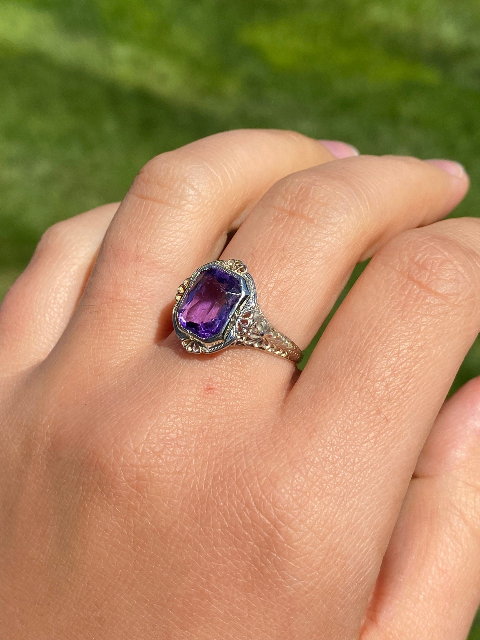SOLD - The Kenova: Antique Ladies Signed 18K White Gold Ring set with Amethyst - Image 9