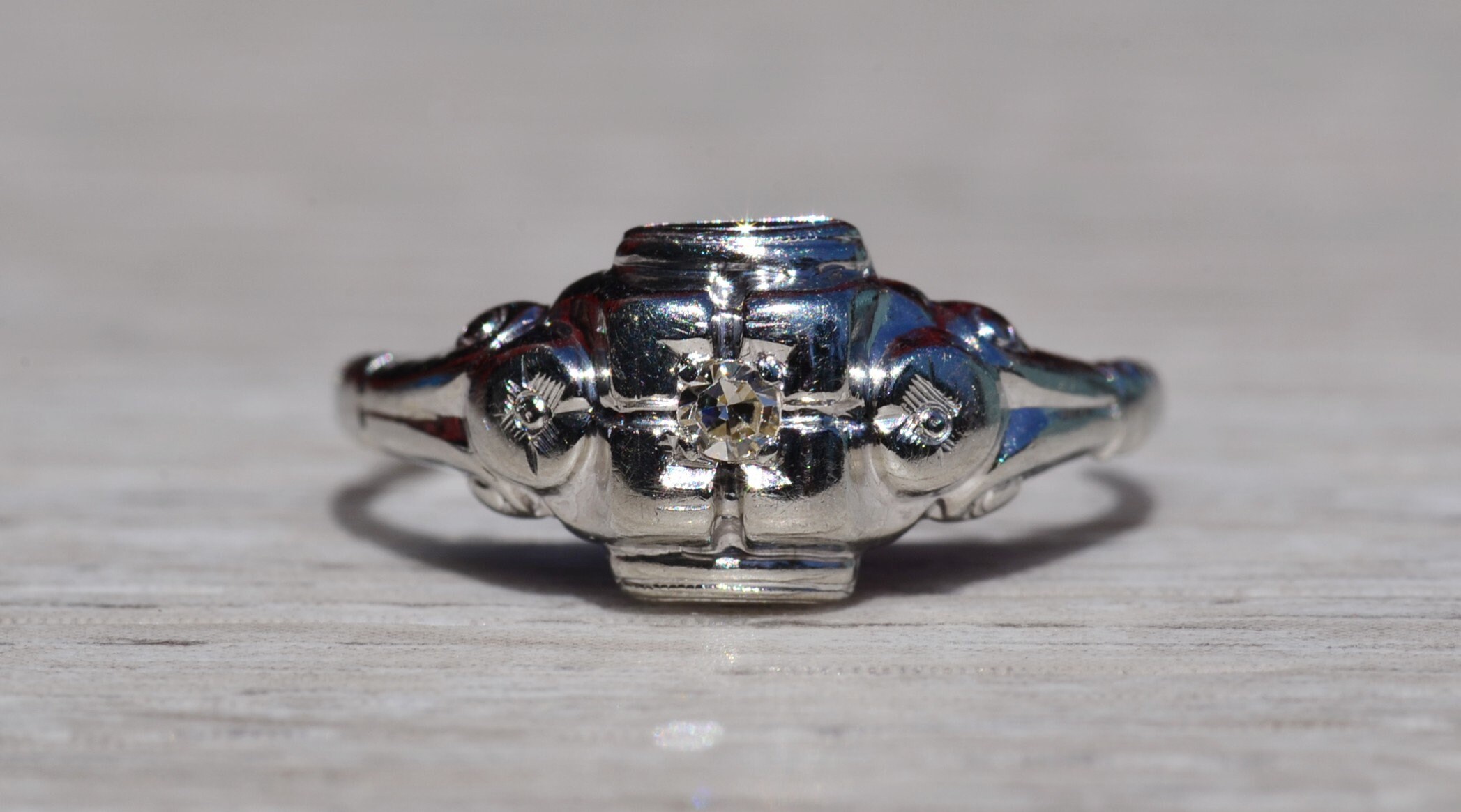 The Dunlow: Antique Ladies 14K White Gold Engagement Ring set with Diamond - Image 5