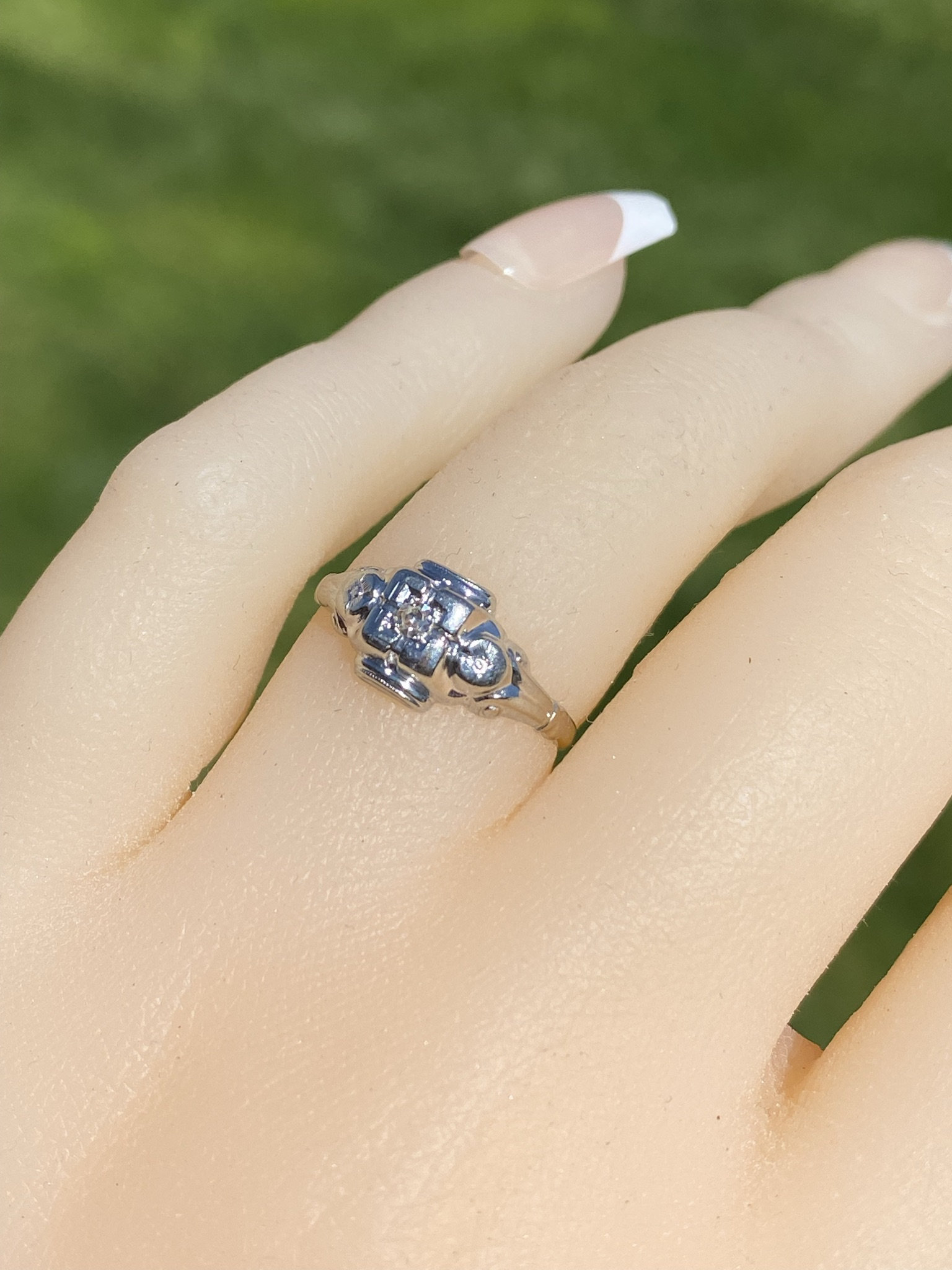 The Dunlow: Antique Ladies 14K White Gold Engagement Ring set with Diamond - Image 8