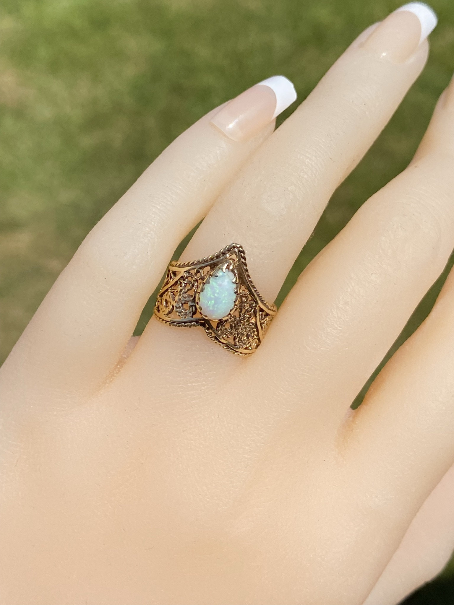 SOLD - The Alta Loma: Mid Century Australian Opal Filigree Ring - Image 8