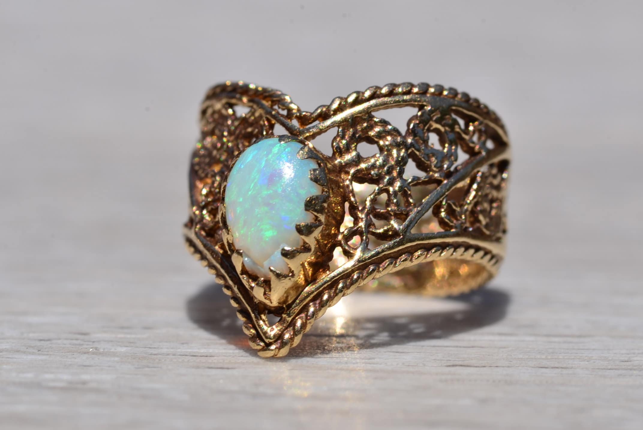 SOLD - The Alta Loma: Mid Century Australian Opal Filigree Ring - Image 3
