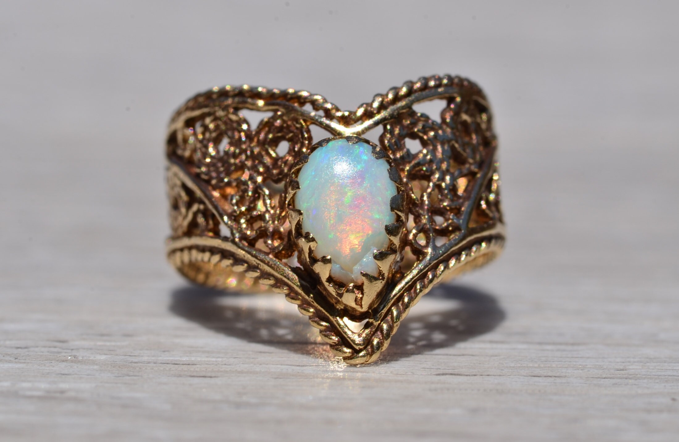 SOLD - The Alta Loma: Mid Century Australian Opal Filigree Ring - Image 2