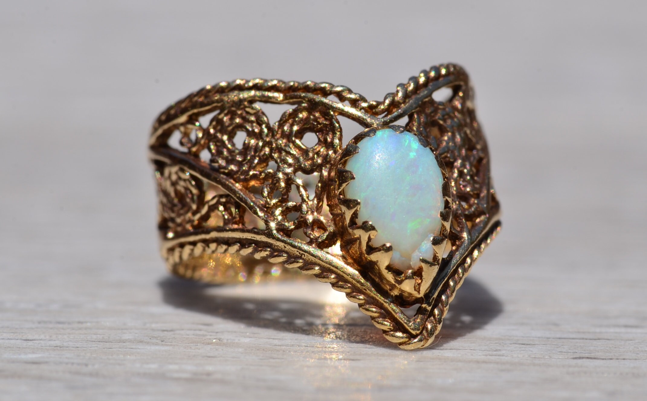 SOLD - The Alta Loma: Mid Century Australian Opal Filigree Ring - Image 6